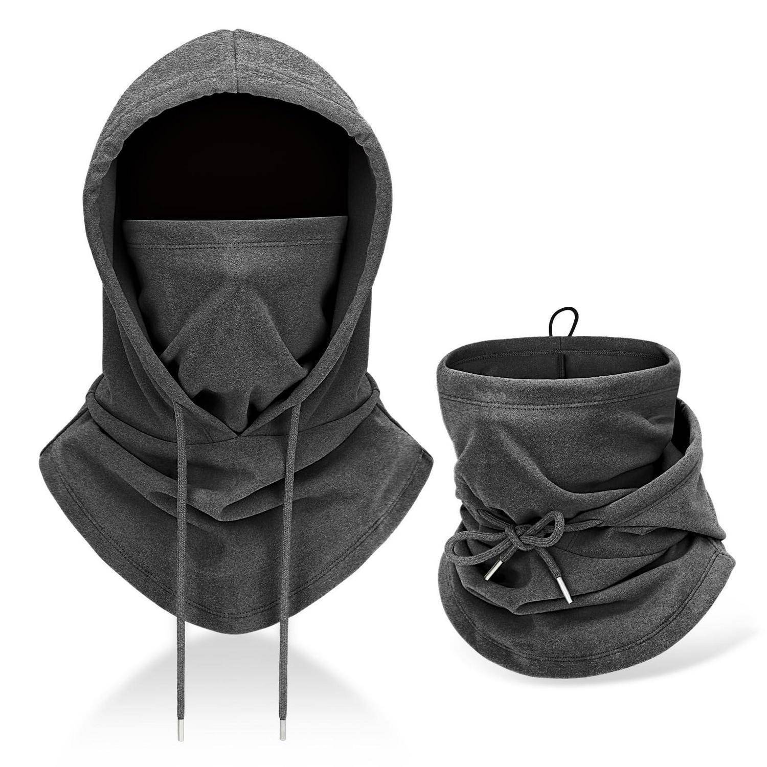 Grau gefärbte Gesichtsmaske mit Kapuze und Halsschutz-Set, gezeigt in Vorderansicht und zusammengeklappt, mit Zugbändern und eingebauter Gesichtsmaske.