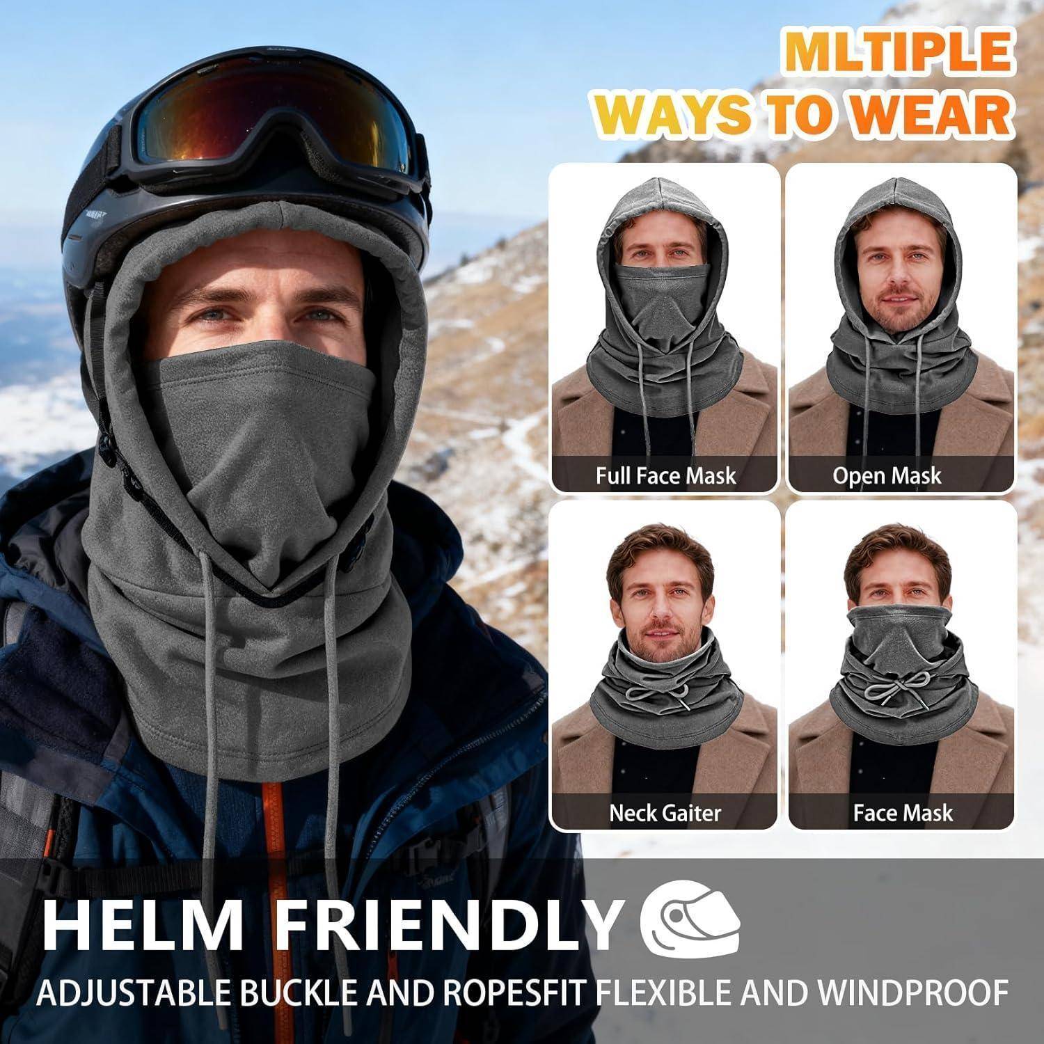 Werbebild einer helmetragefreundlichen grauen Gesichtsmaske, die unter Skibrillen getragen wird, mit vier beschrifteten Trageweisen: Vollgesichtsmaske, offene Maske, Nacken-Halstuch und Gesichtsmaske.
