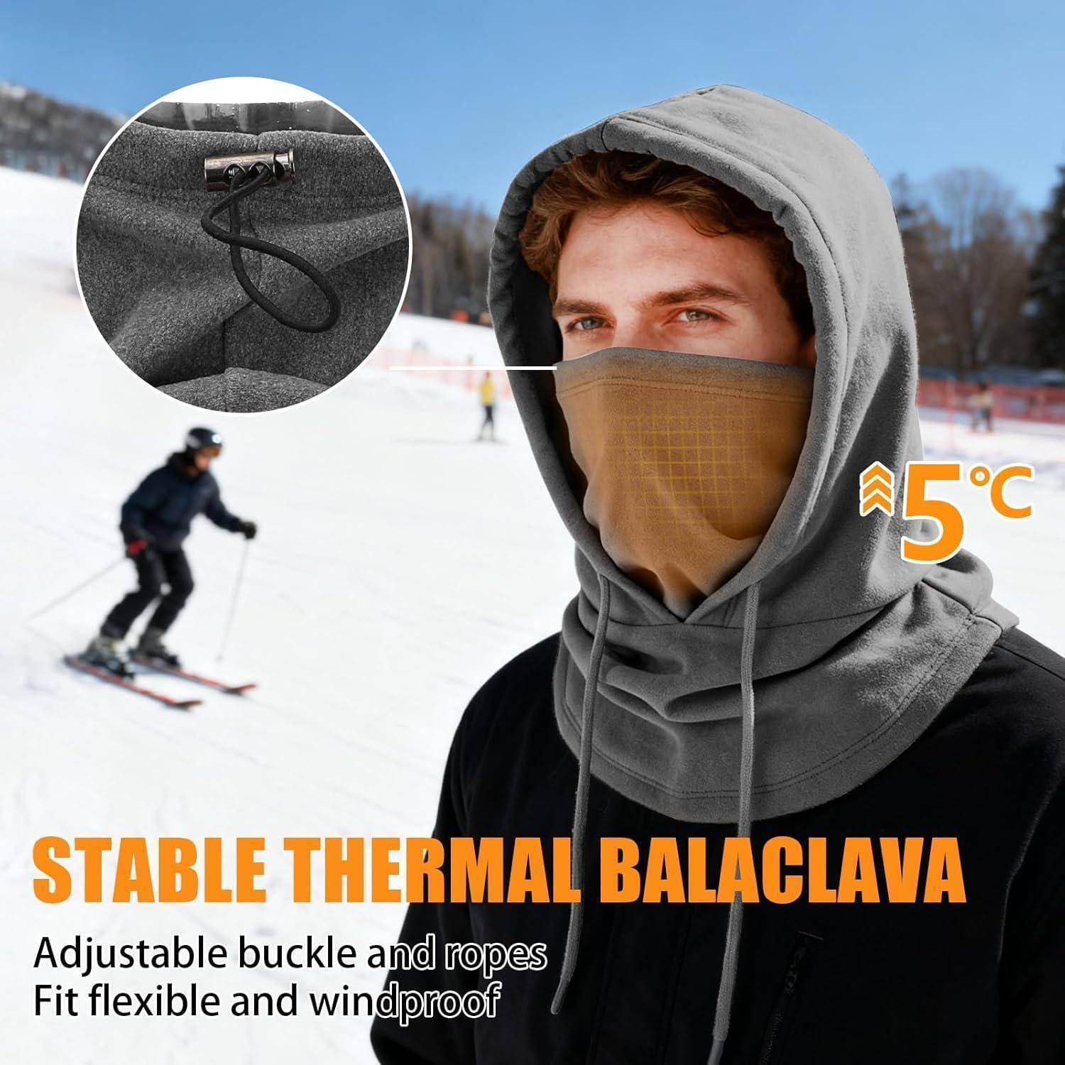 Anzeige für eine stabile Thermische Sturmhaube, die von einem vermummten Mann beim Skifahren bei kaltem Wetter getragen wird, mit Ausschnitt, das verstellbare Schnalle und Seile zeigt und Text '5°C', 'Verstellbare Schnalle und Seile', 'Passform flexibel und windundurchlässig'.
