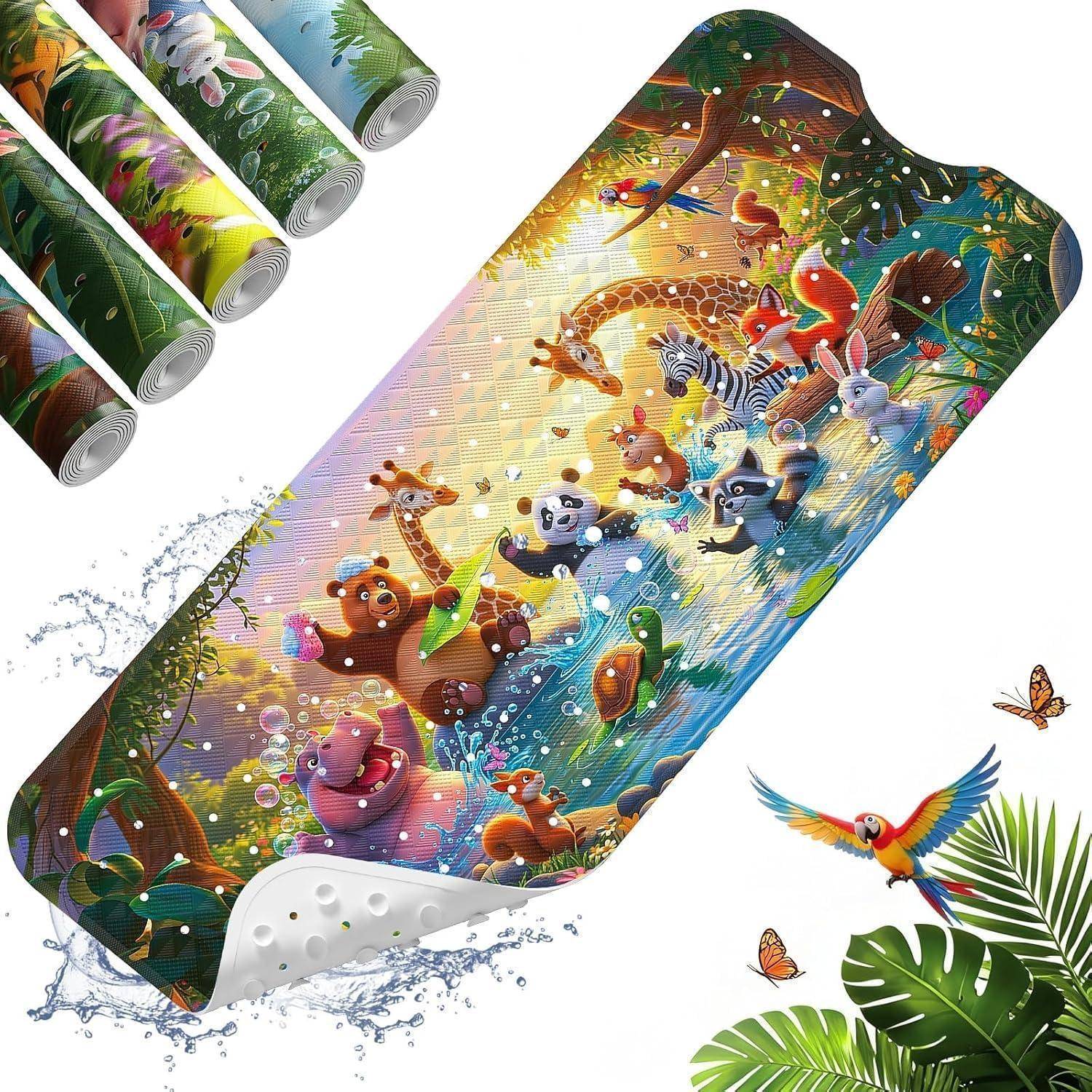 Bunte, tierthematische Yogamatte mit Dschungel-Wildnis-Illustration, gezeigt mit Optionen für gerollte Matten und tropische Blätter, Schmetterlinge und Papageien.