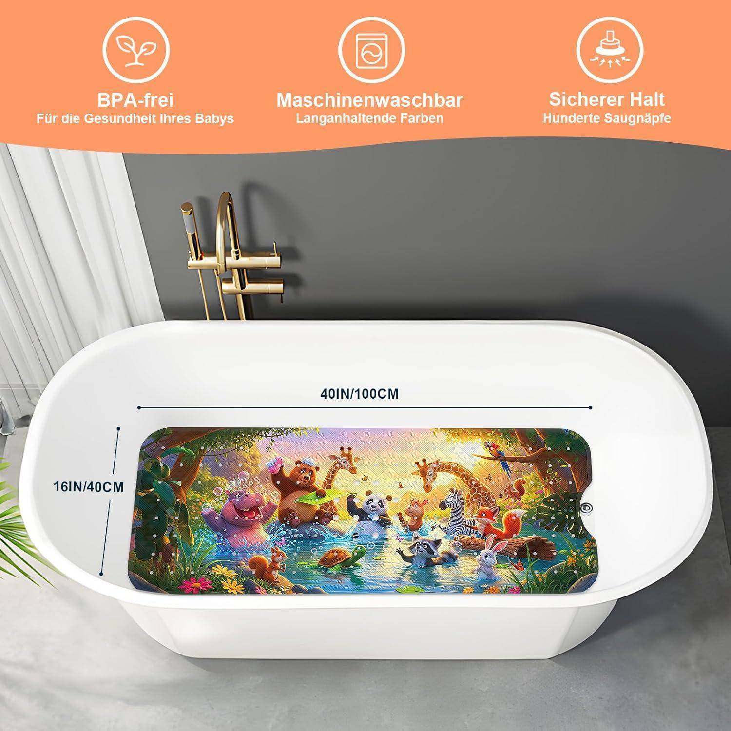 Weiße ovale Babybadewanne mit buntem Dschungel-Tier-Motiv; gekennzeichnet als BPA-frei, maschinenwaschbar, sichere Saugnapfbefestigung, 40 x 16 Zoll (100 x 40 cm).