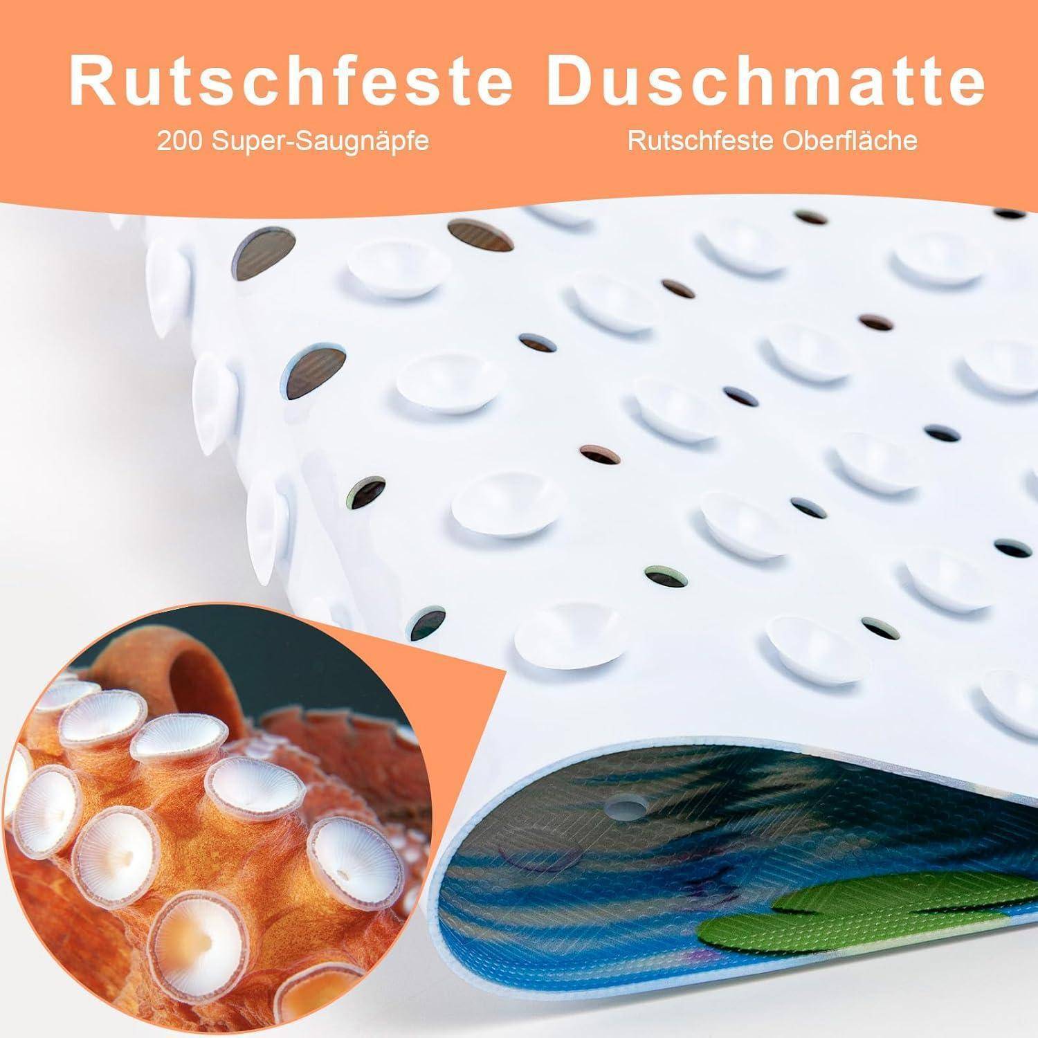 Rutschfeste Duschmatte mit 200 Saugnäpfen und rutschfester Oberfläche, in Nahaufnahme mit eingefügtem Texturdetail gezeigt.