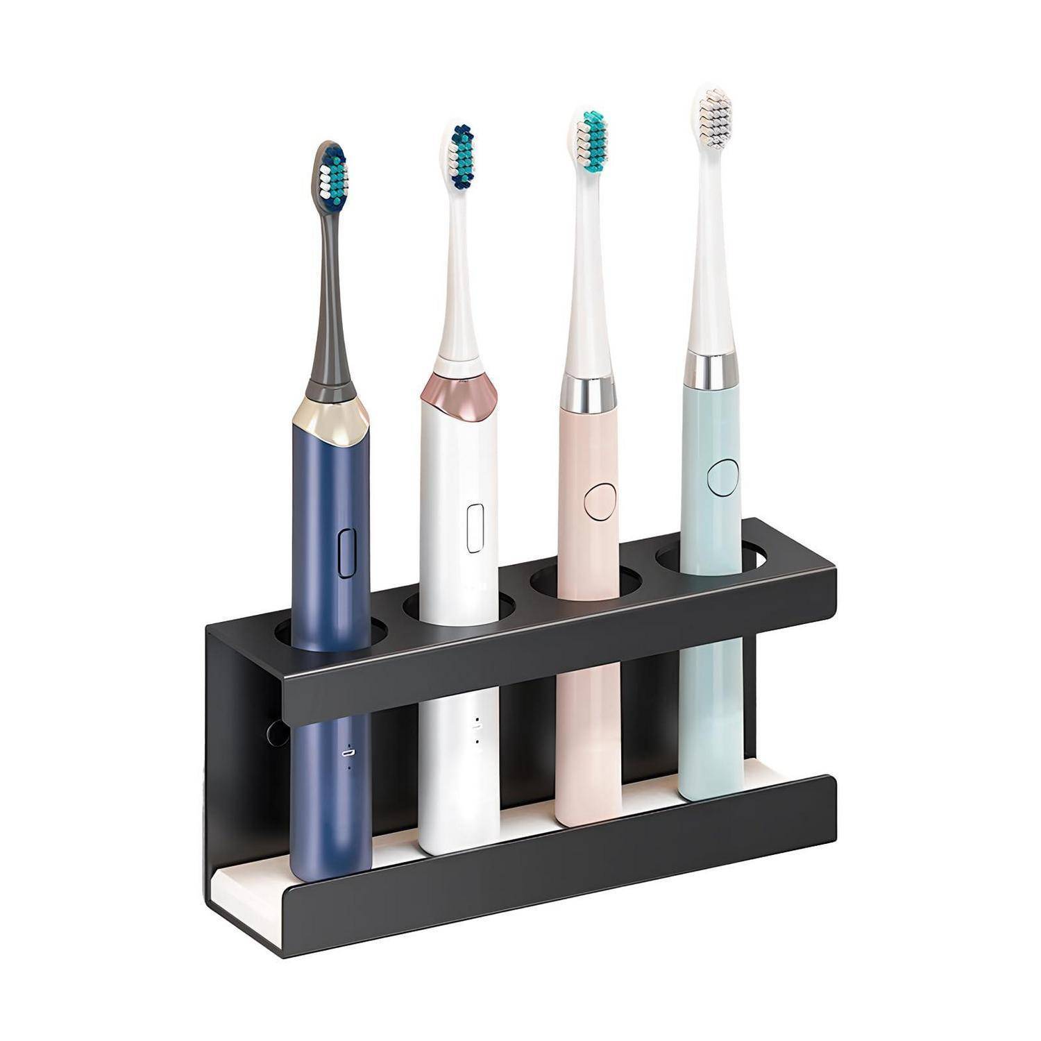 Vier elektrische Zahnbürsten in einem schwarzen, an der Wand montierten Ladegerät, dargestellt in Blau, Weiß, Rosa und Mintgrün.