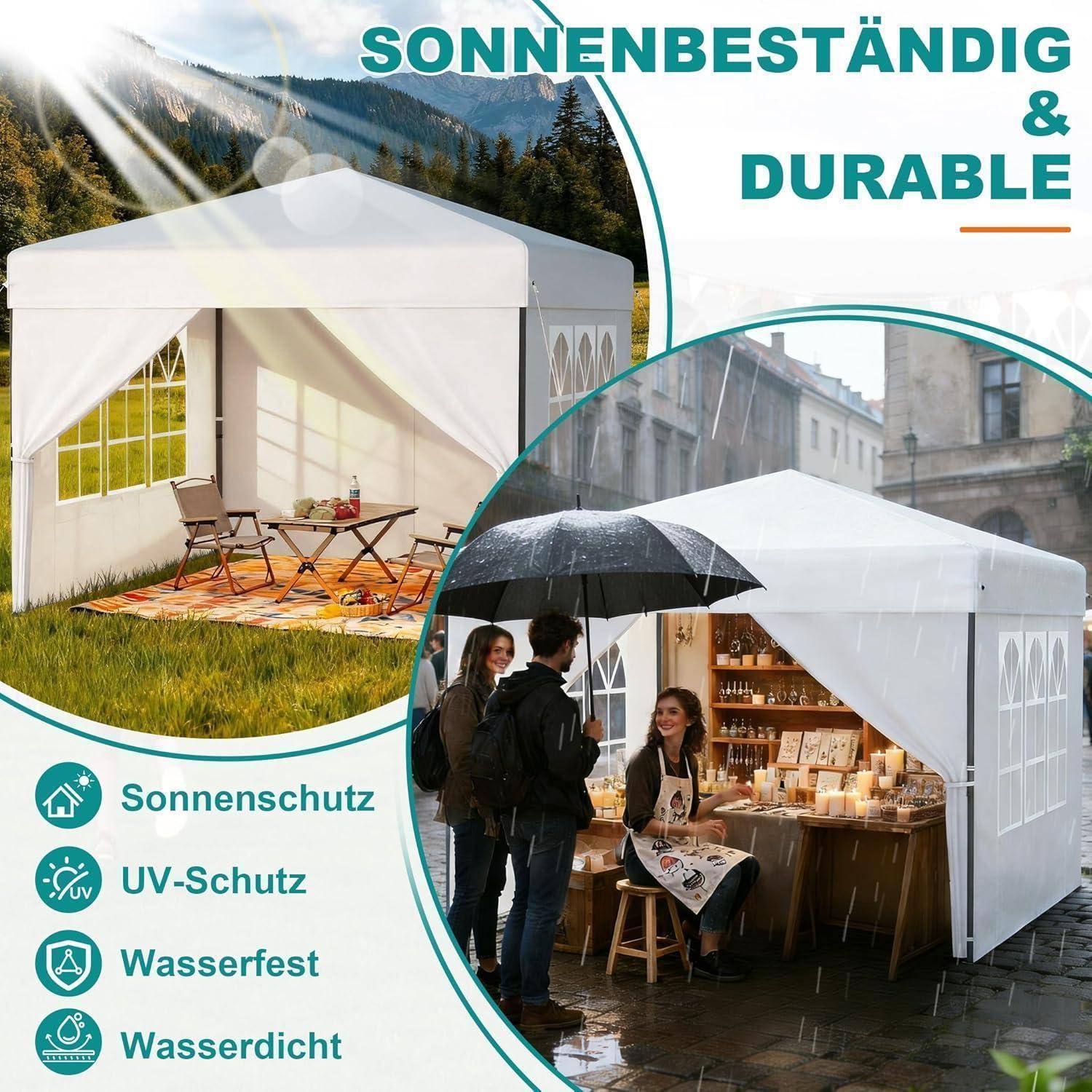 Werbebild eines weißen Pop-up-Zelts für den Außeneinsatz und Regenwetter, beschriftet mit „SONNENBESTÄNDIG & DURABLE