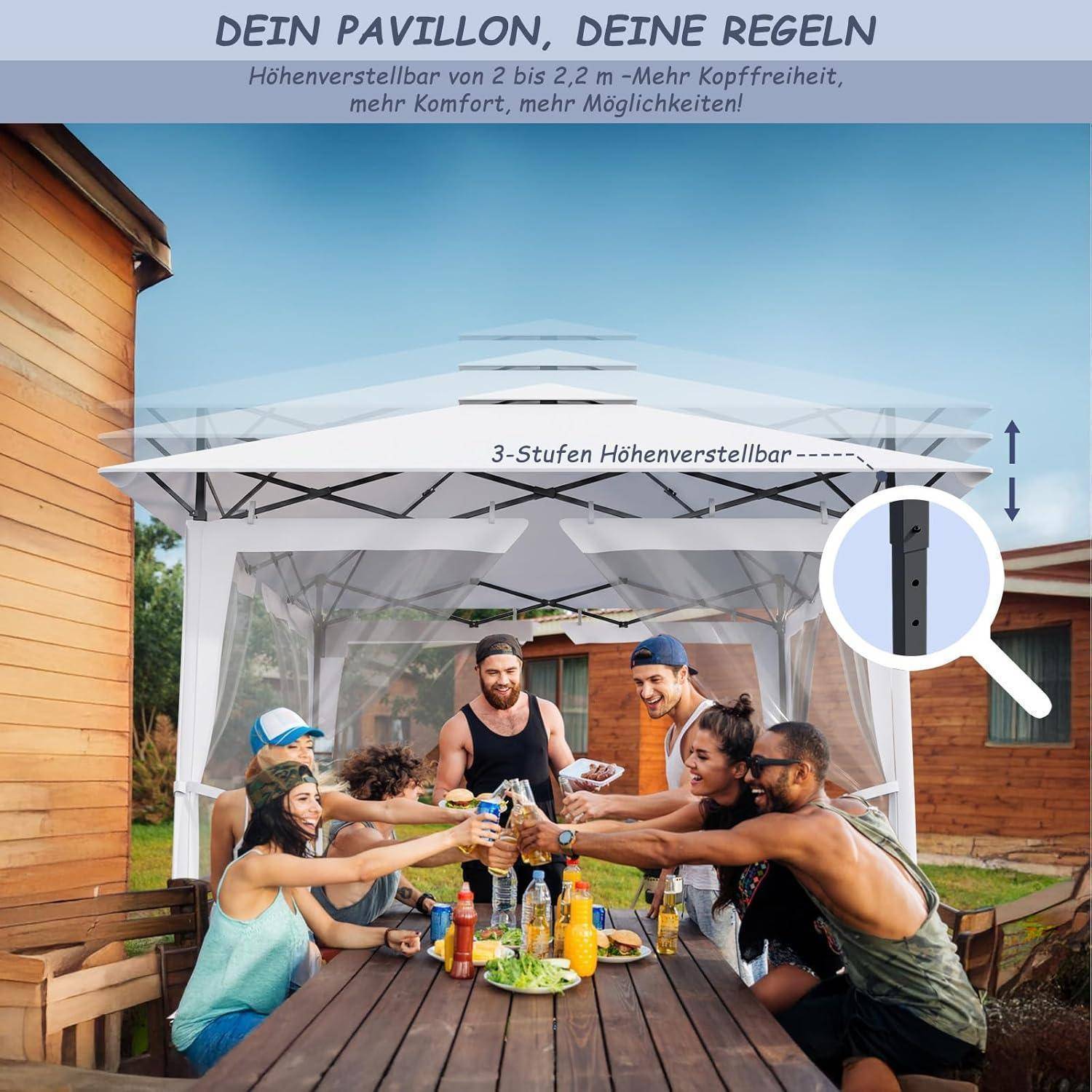 Soontrans Gartenpavillon 3x3m, Geschützter Sommerraum im Garten, Faltpavillon mit 4 Moskitoseitenwänden &amp; Tragetasche, UV-Schutz, 3-Stufen Höhenver