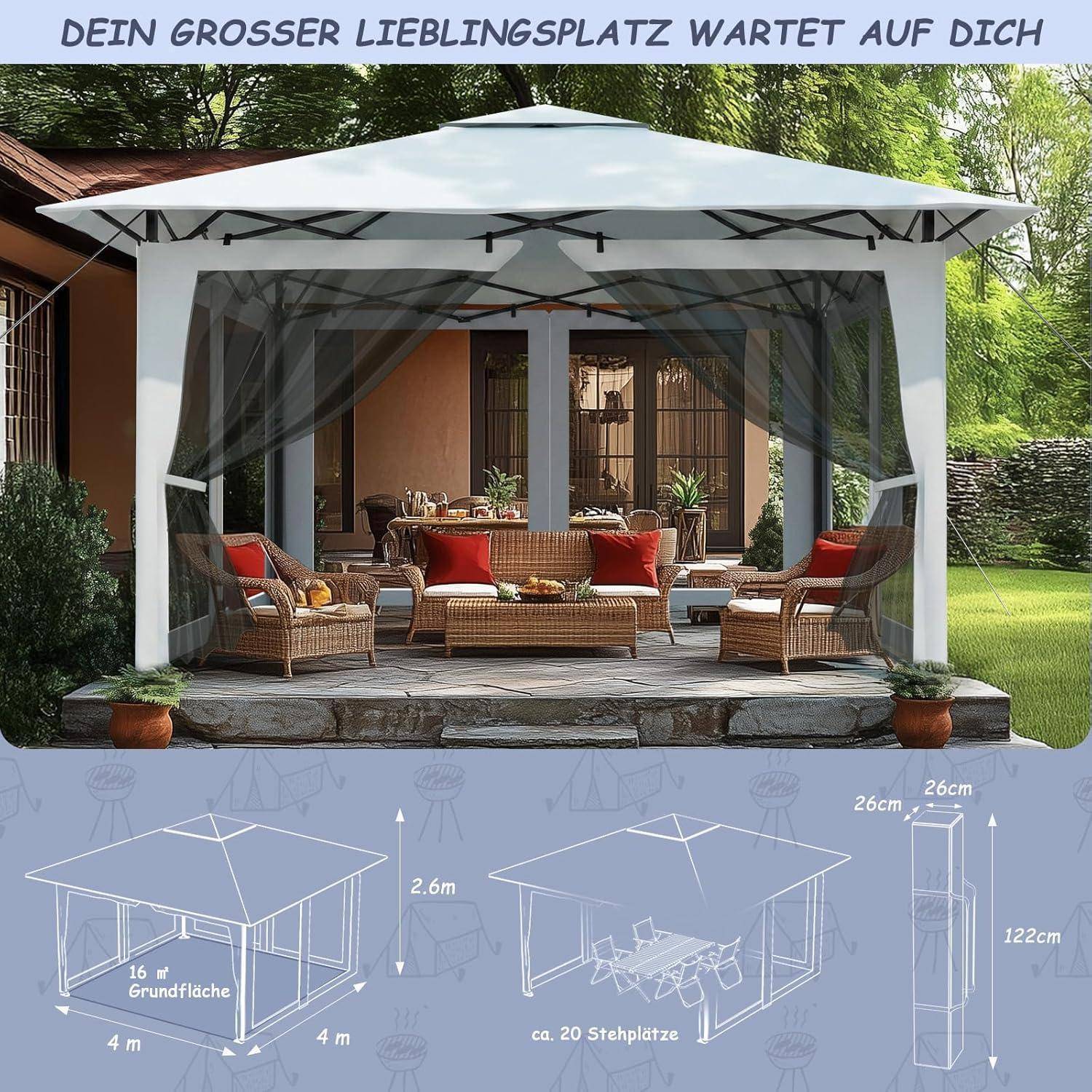 Gartenterrassen-Pavillon mit Moskitonetz und Korbmöbeln, plus ein Größendiagramm, das 4 m x 4 m, 2,6 m Höhe und eine Kapazität von „ca. 20 Stellplätze" zeigt.