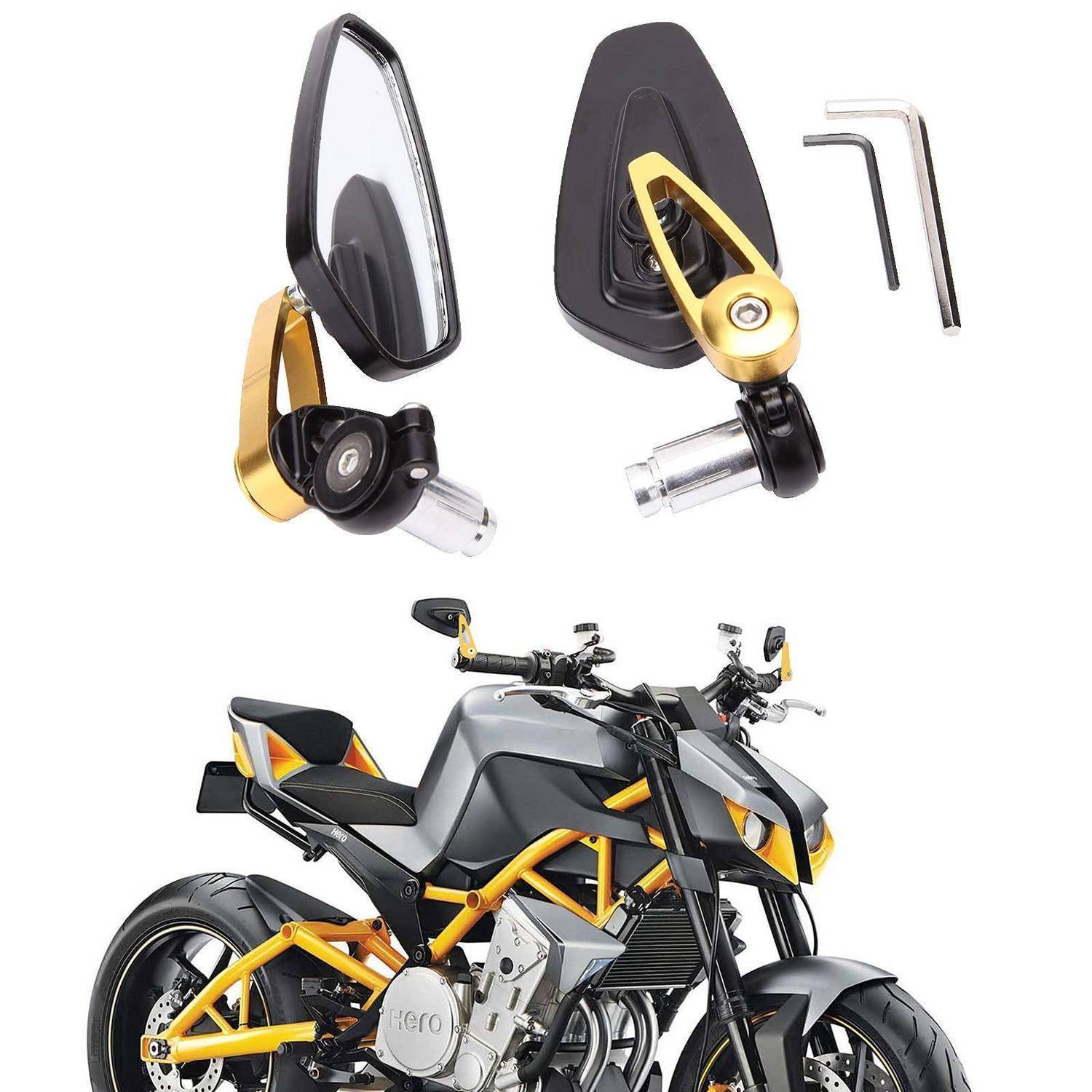 Motorrad-Lenkerstangenspiegel und Montageteile, die oben auf einem schwarzen und goldenen Sportmotorrad gezeigt werden.