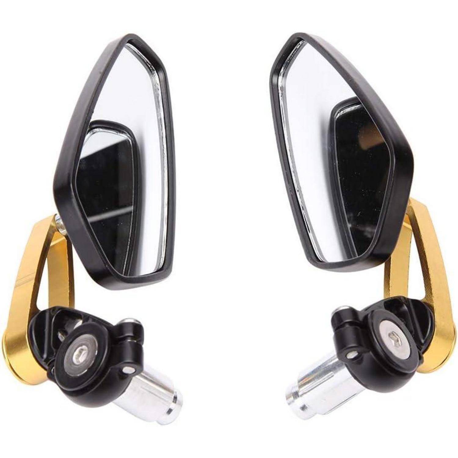 Paar Motorrad-Rückspiegel mit schwarzen Gehäusen, goldenen Befestigungsarmen und klarem reflektierendem Glas auf weißem Hintergrund.