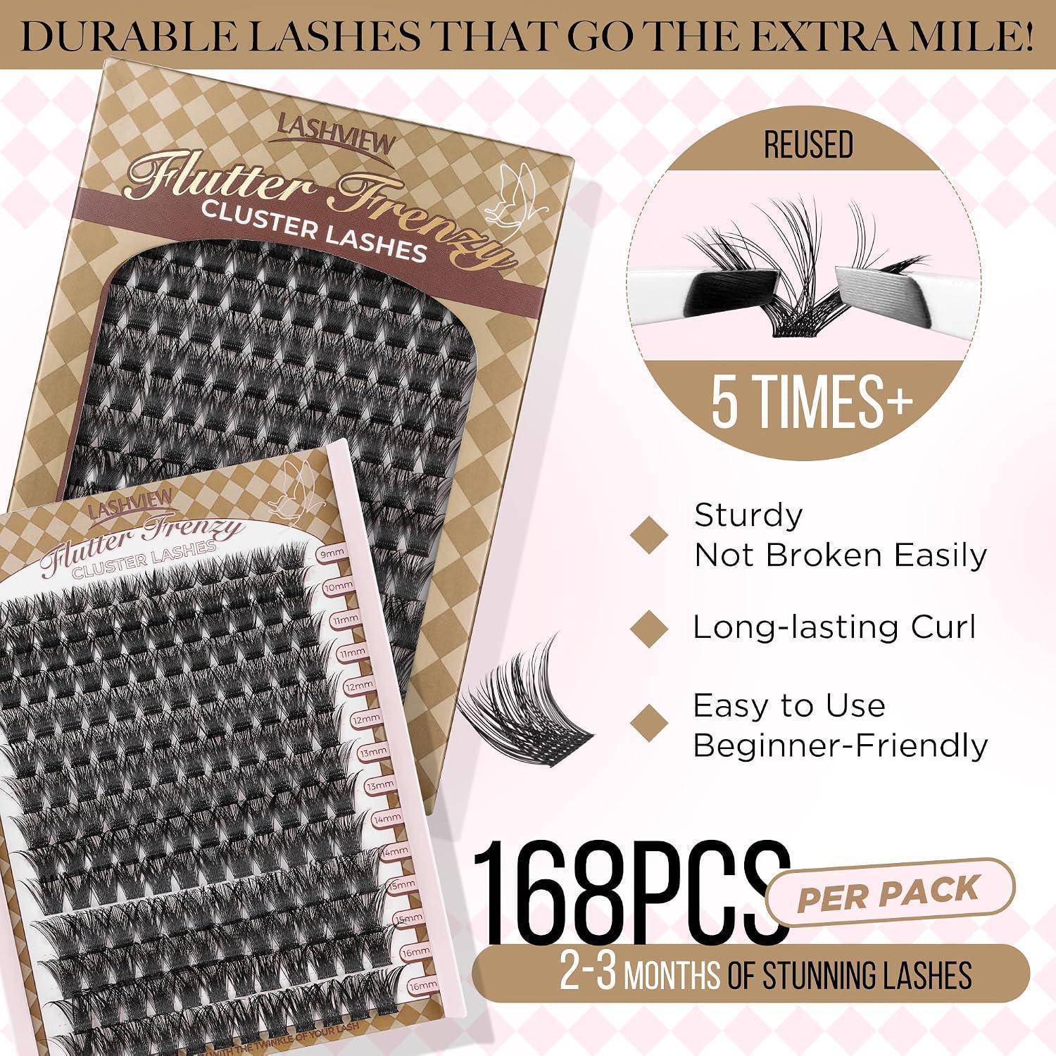Werbebild für Lashview Flutter Frown Cluster-Wimpern mit 168 Stück pro Packung, wiederverwendbar 5+ Mal, und Versprechungen von robustem, langem Halt der Locke, einfache Anwendung, 2-3 Monate Tragekomfort.