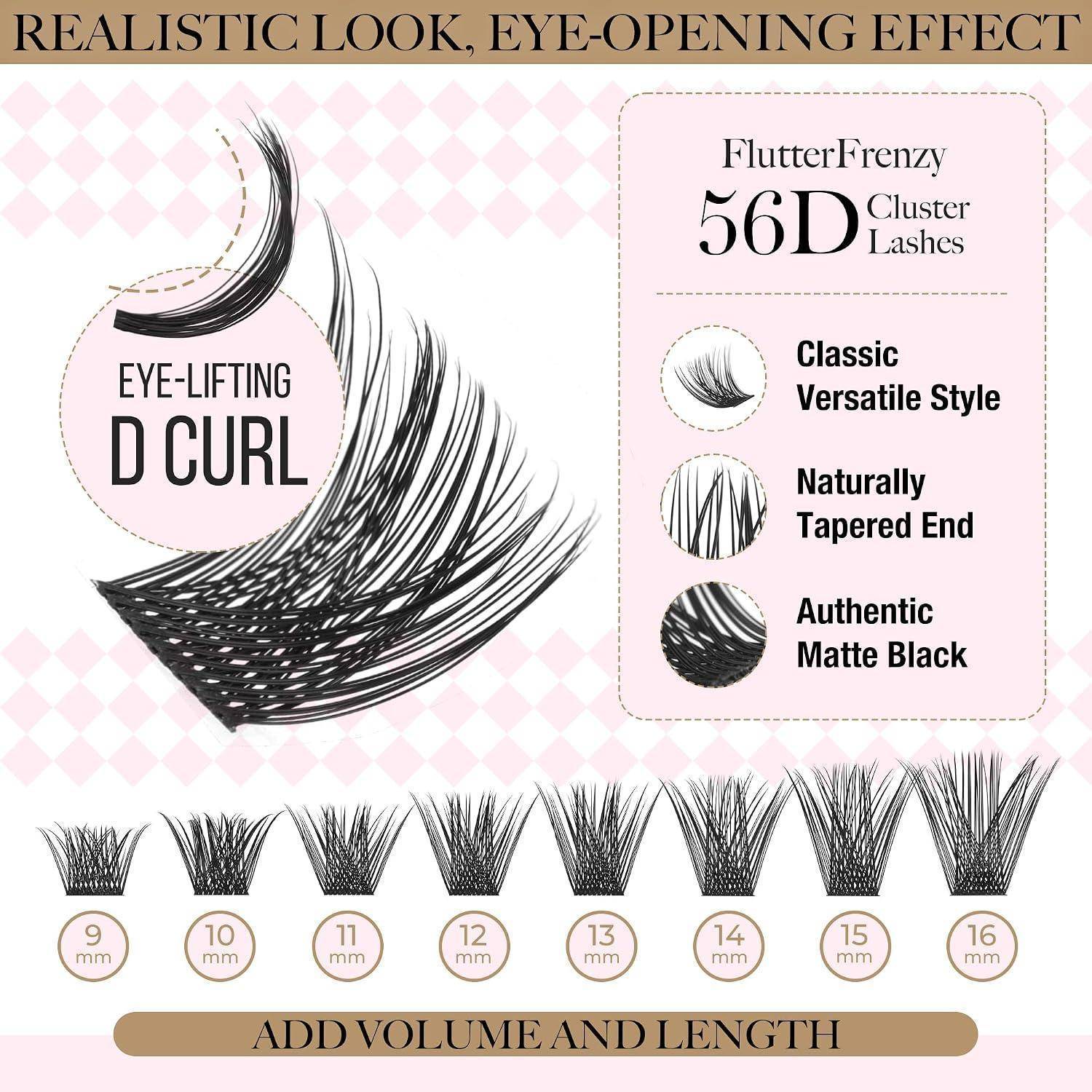 Werbegrafikfür FlutterFrenzy 56D Clusterwimpern mit augenliftendem D-Curl, mattschwarzem Stil und Wimpernlängen von 9 mm bis 16 mm für zusätzliches Volumen und Länge.