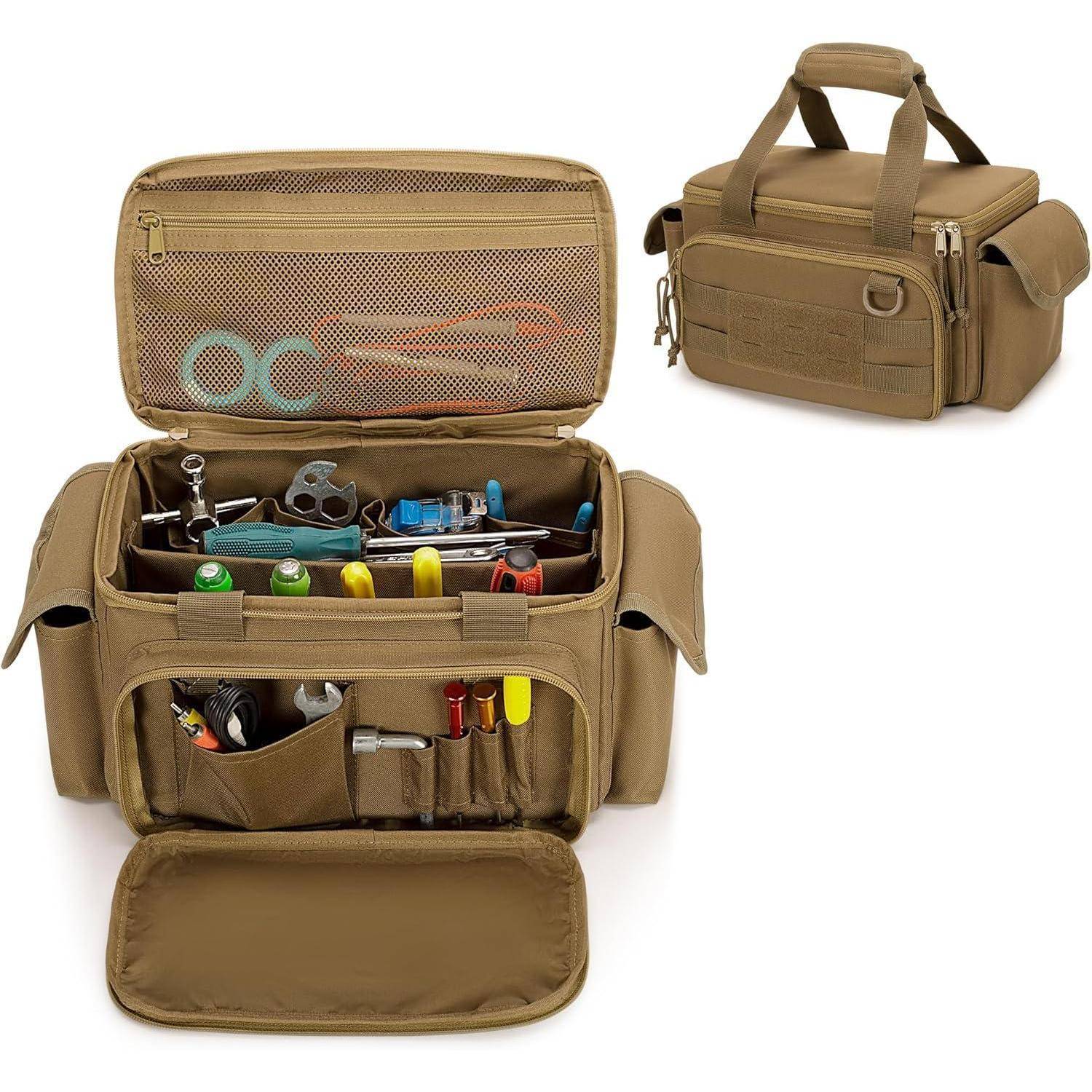 Offene Werkzeugtasche in Beige mit mehreren Taschen und Werkzeugen innen; die Einfügung zeigt die geschlossene Tasche mit Tragegriffen oben und Seitentaschen.