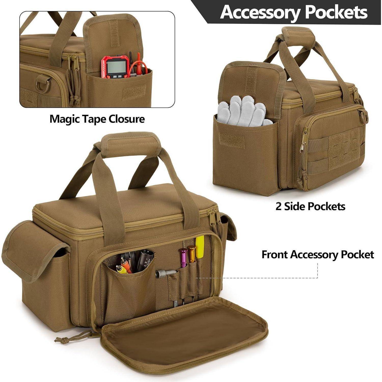 Braune isolierte Tasche mit mehreren Zubehörtaschen, geöffnet dargestellt, um die vordere, seitliche und obere Lagerung mit den Bezeichnungen „Magic Tape Closure