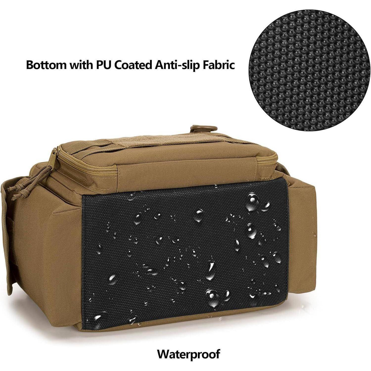Tanfarbene Tasche mit schwarzem, PU-beschichtetem rutschfestem, wasserdichtem Boden, gezeigt mit Wassertropfen und einer vergrößerten Texturdetailansicht.