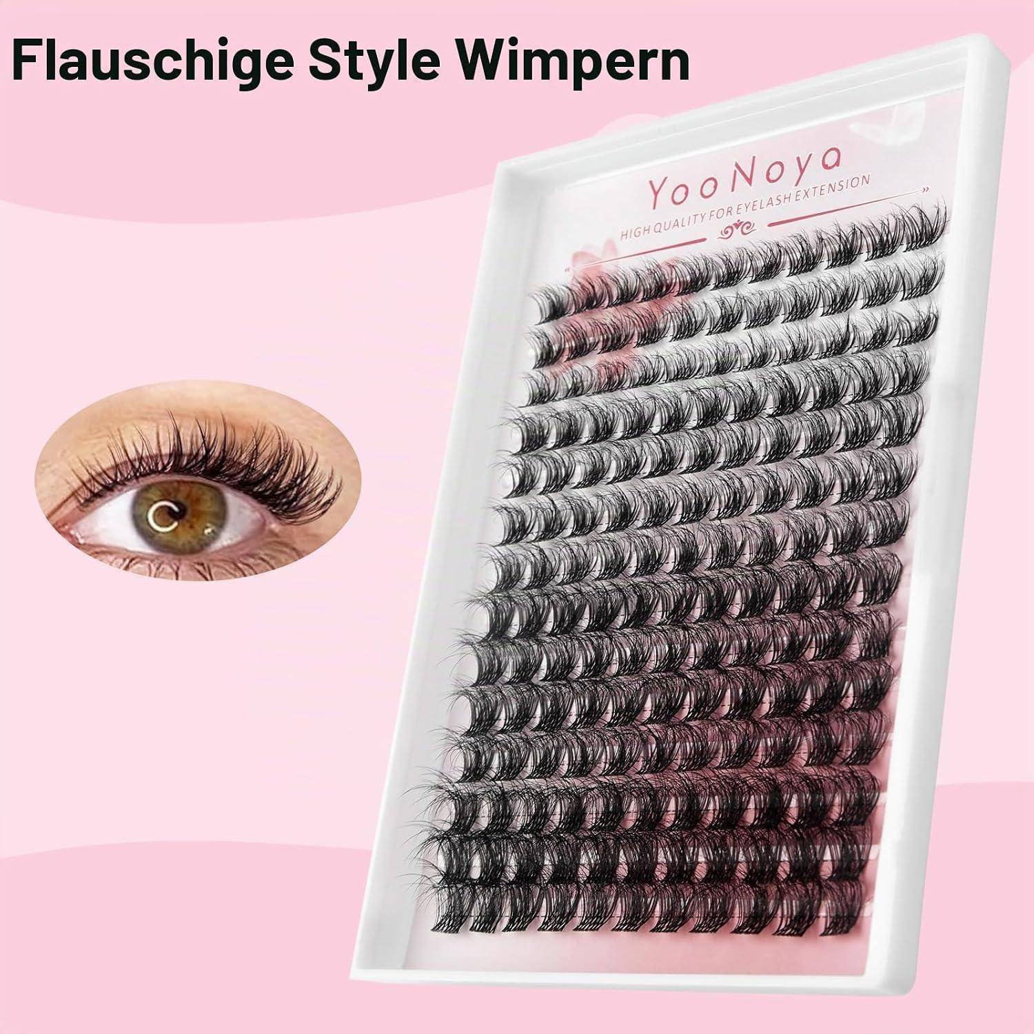 Produktbild von künstlichen Wimpernverlängerungen in einem Tablett, mit einer Nahaufnahme eines Auges, das einen dramatischen Wimpernlook zeigt, und dem Text „Flauschige Style Wimpern