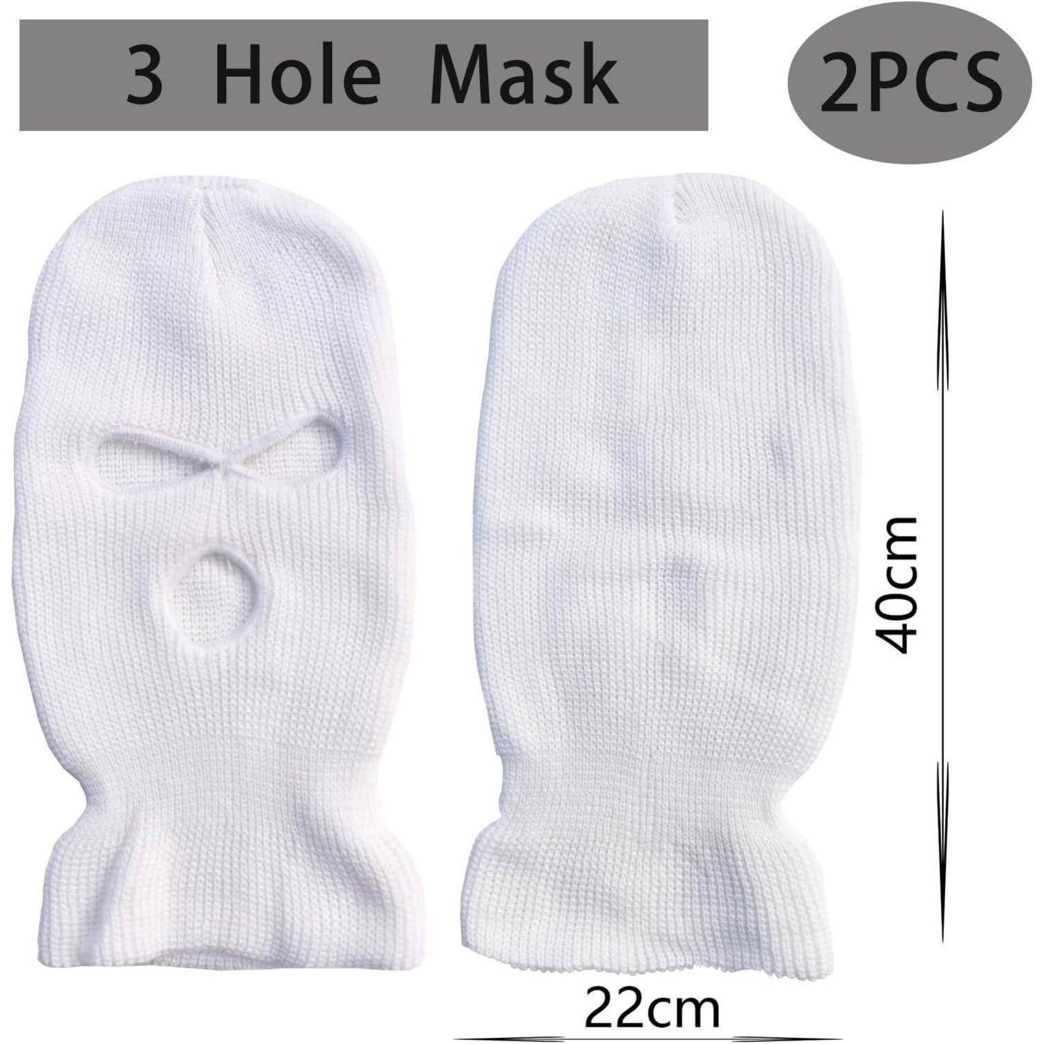 Produktbild von zwei weißen 3-Loch-Strickski-Masken mit der Bezeichnung 