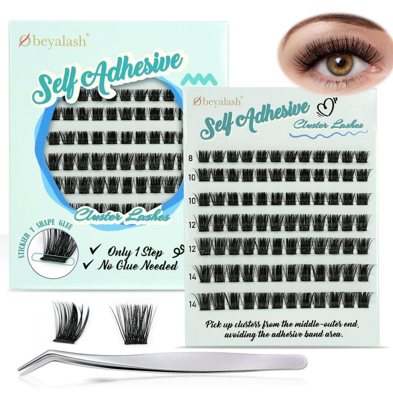 Paket für selbstklebende Wimpernbüschel mit Wimpernstreifen, ein Anwendungsbeispiel für die Augen, eine Pinzette und Beispiel-Wimpernbüschel; der Text sagt „Nur 1 Schritt, kein Kleber erforderlich