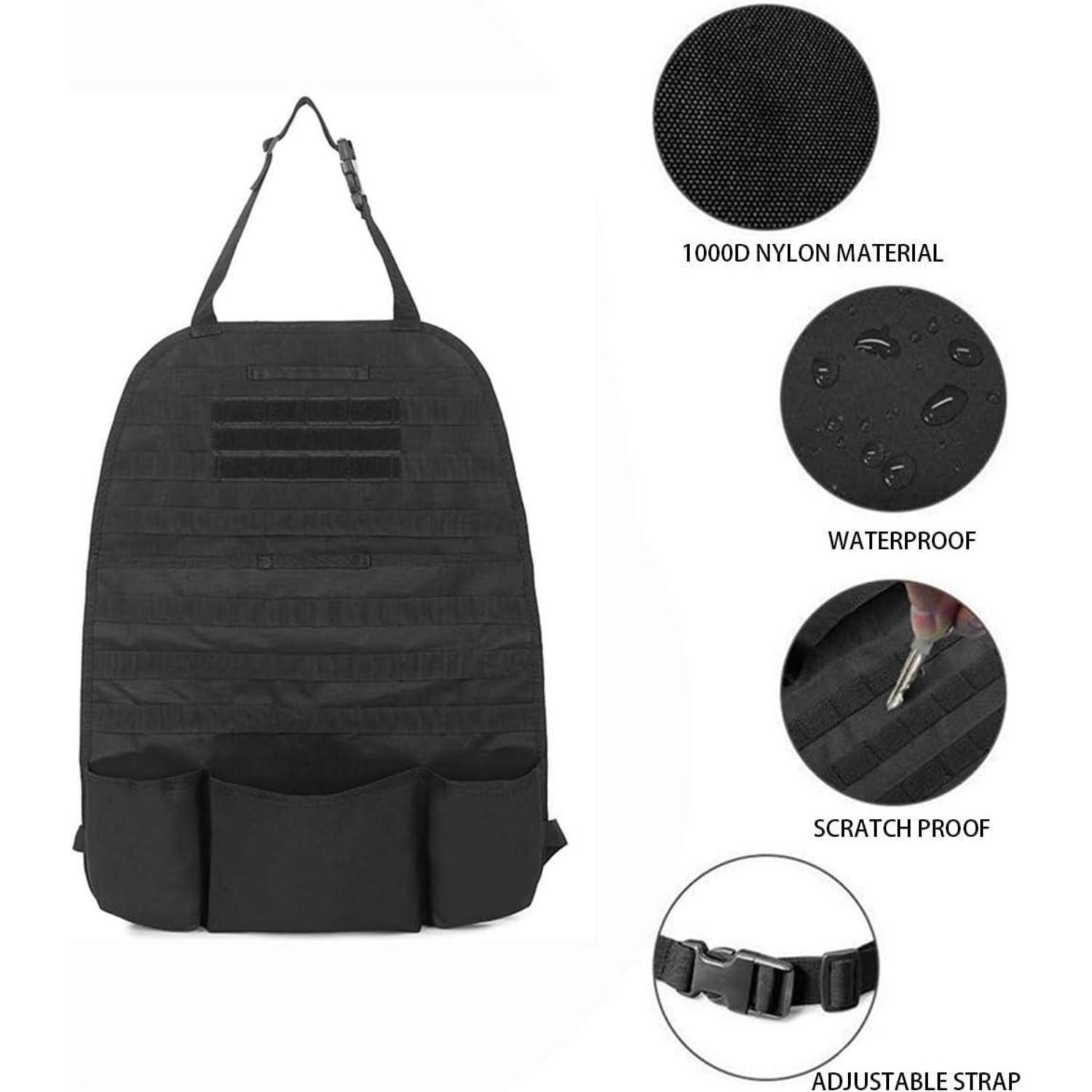 Schwarzer taktischer Rückenlehnen-Organizer mit Taschen und verstellbarem Riemen, gezeigt mit Beschriftungen für 1000D-Nylon-Material, wasserdicht, kratzfest und verstellbarer Riemen.