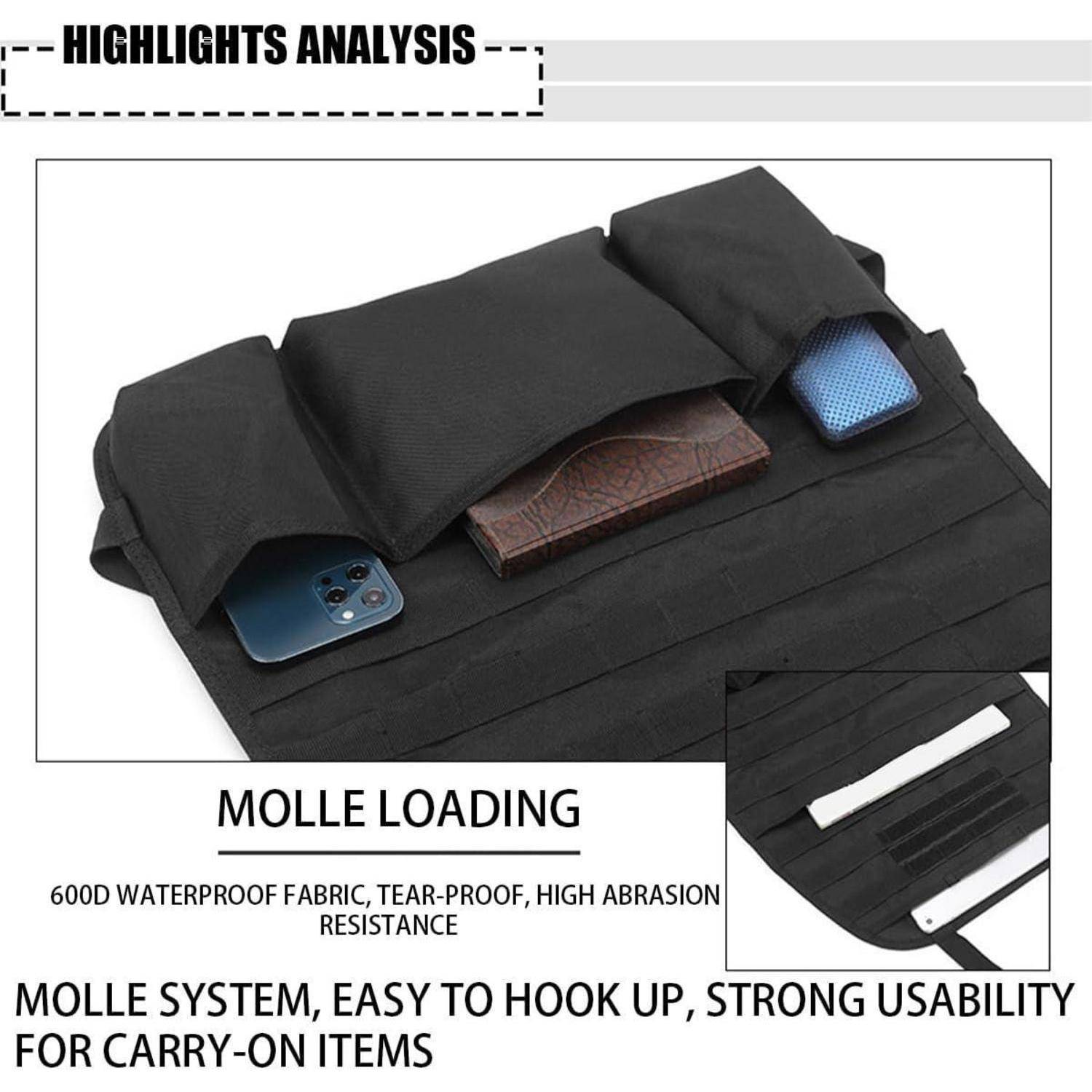 Schwarze MOLLE-Tragetasche mit mehreren Taschen zur Aufbewahrung eines Telefons, einer Geldbörse und kleiner Gegenstände; enthält eine Detailansicht einer Reißverschlusstasche.