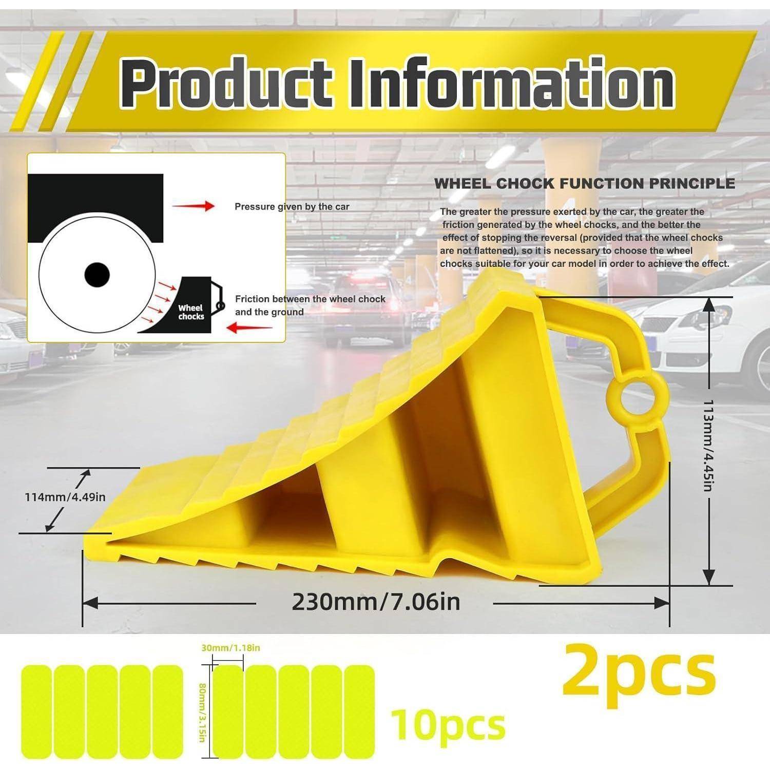 Produktinformationsplakat für gelbe Radkeile, das Funktionsprinzip zeigt, Größe 230 mm x 114 mm x 113 mm und Packungsgrößen von 2 Stück und 10 Stück.