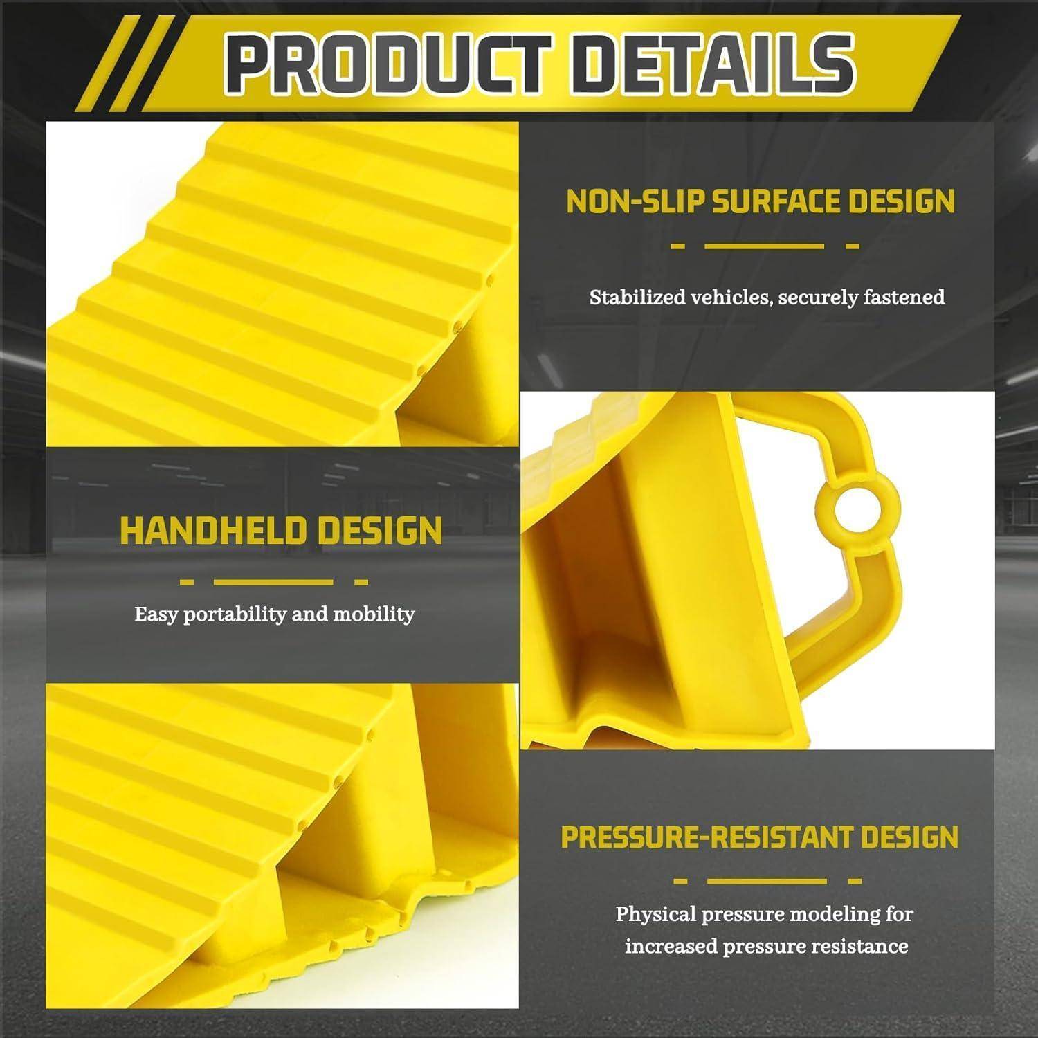 Produktdetails-Grafik für einen gelben faltbaren Radkeil mit Hervorhebung der rutschfesten Oberfläche, ergonomischem Handgriff und druckbeständiger Konstruktion zur Fahrzeugstabilisierung.