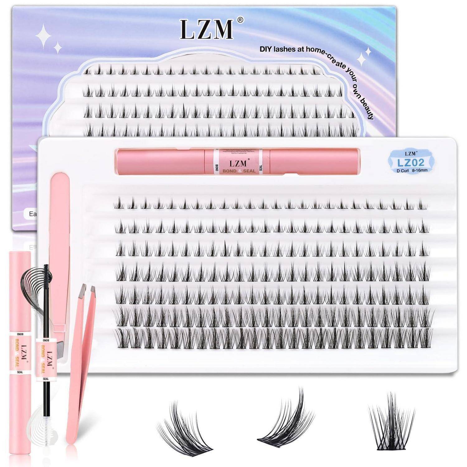 LZM DIY-Wimpernverlängerungsset mit mehreren Wimpernpaletten, Applicator-Werkzeugen und Beispiel-Wimpernbüscheln für die Wimpernanbringung zu Hause.