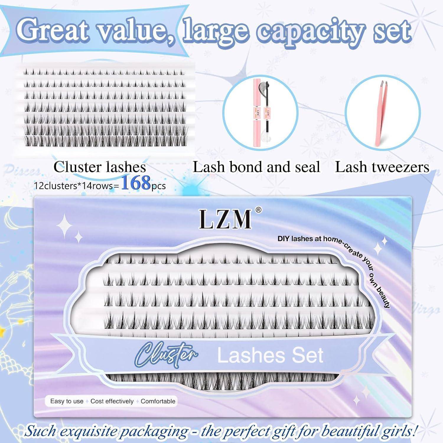 Produktbild eines LZM-Cluster-Wimpern-Sets mit 168 Teilen, plus Wimpernbond und Seal sowie Wimpernpinzette, gezeigt in pastellfarbener Verpackung mit der Bezeichnung „Cluster Lashes Set