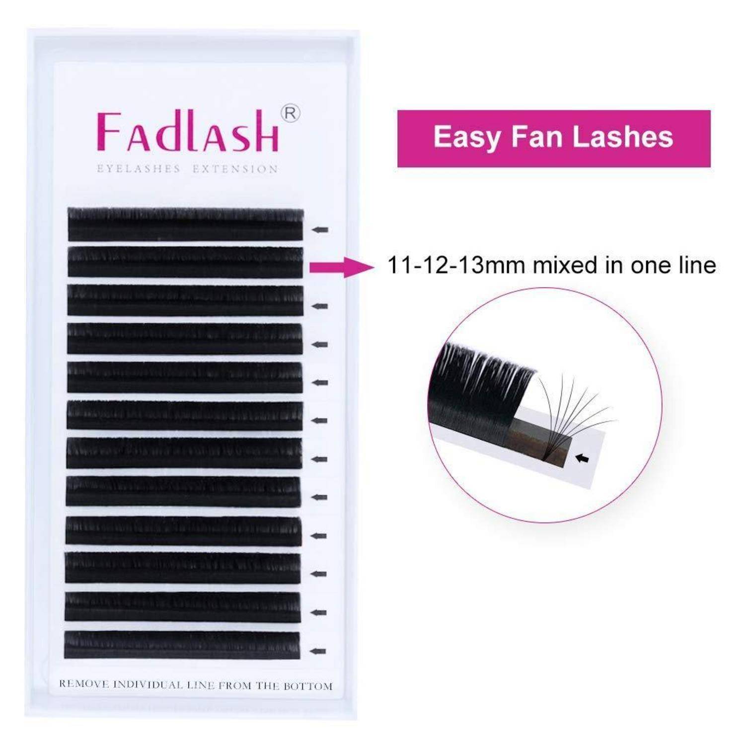 FadLash Easy Fan Lashes Erweiterungspack mit gemischten 11-12-13 mm Wimpernstreifen, mit eingefügter Nahaufnahme der individuellen Wimpernlinienentfernung von unten.
