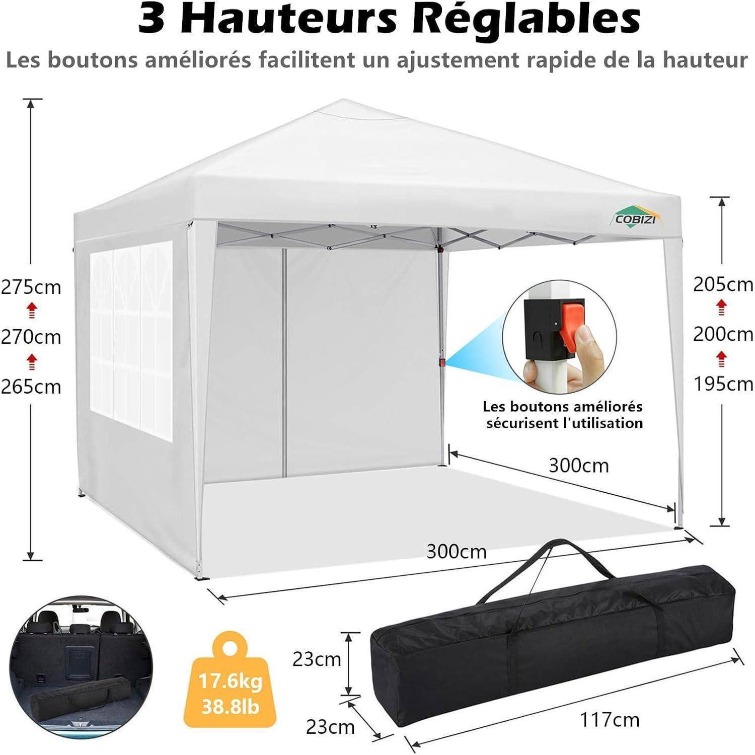 Abbildung eines Pop-Up-Pavillon-Zelts mit verstellbaren Höhen von 195 bis 275 cm, 300 x 300 cm Grundfläche, 117 cm Tragetasche und 17,6 kg Gewicht.