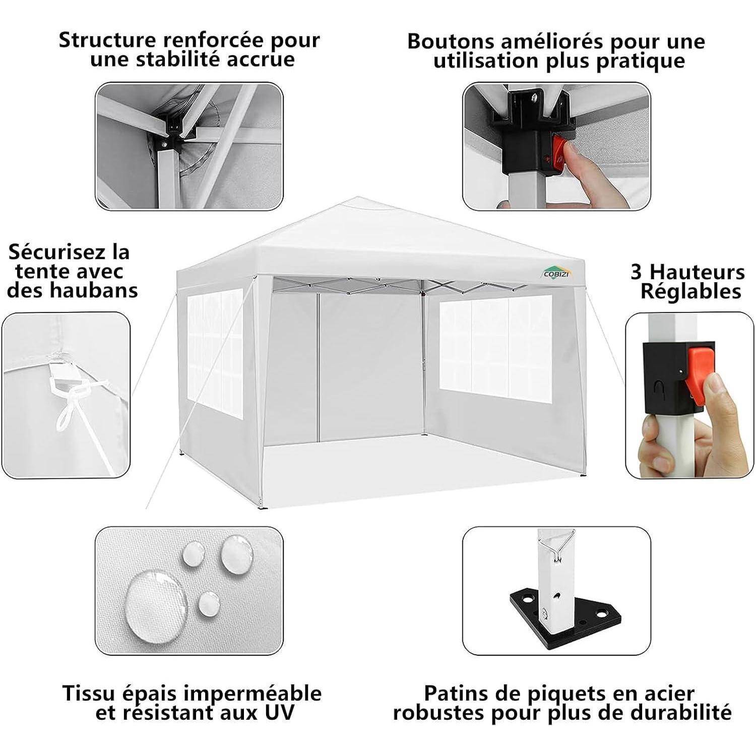 Werbediagramm eines weißen Popup-Zelts mit verstärktem Rahmen, verbesserten Knöpfen, Abspannleinen, drei verstellbaren Höhen, wasserdichtem UV-beständigem Stoff und Stahlstiftfüßen.
