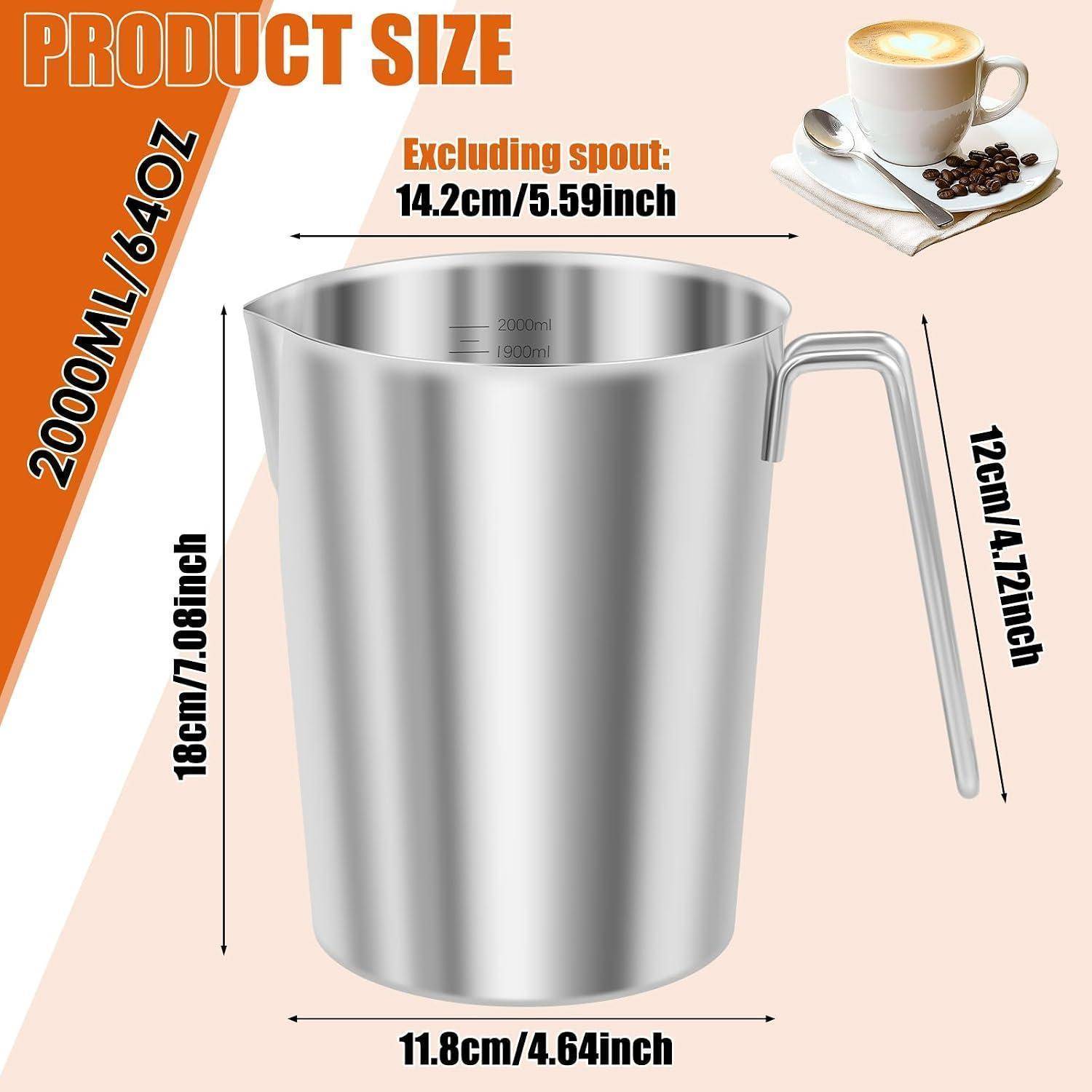 Produktgrößendiagramm einer 2000ml/64oz Kanne: 18cm hoch, 11,8cm breit, 14,2cm ohne Ausguss, mit einem 12cm Griff.