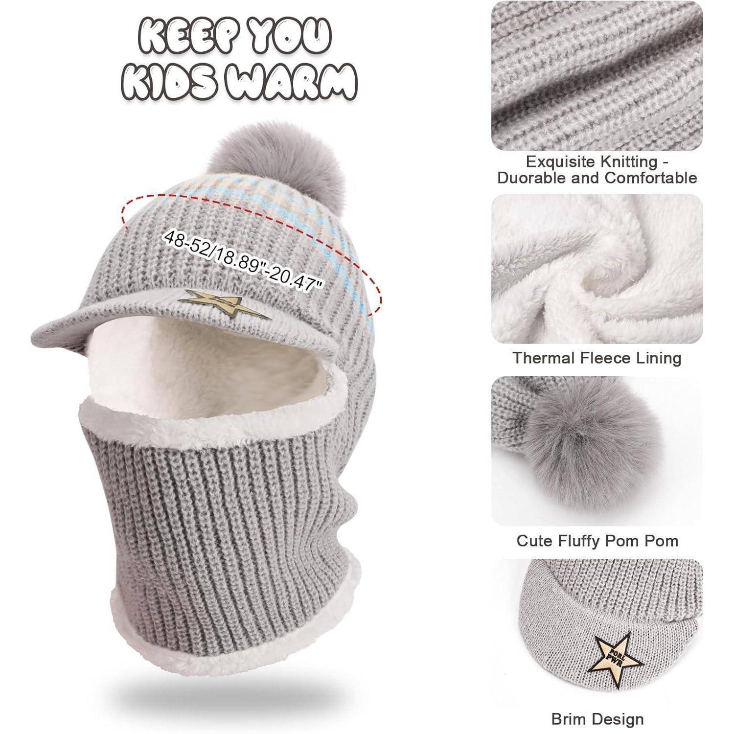 Graue gestrickte Wintermütze mit Gesichtsschutz und Bommel, beschriftet mit „Keep You Kids Warm