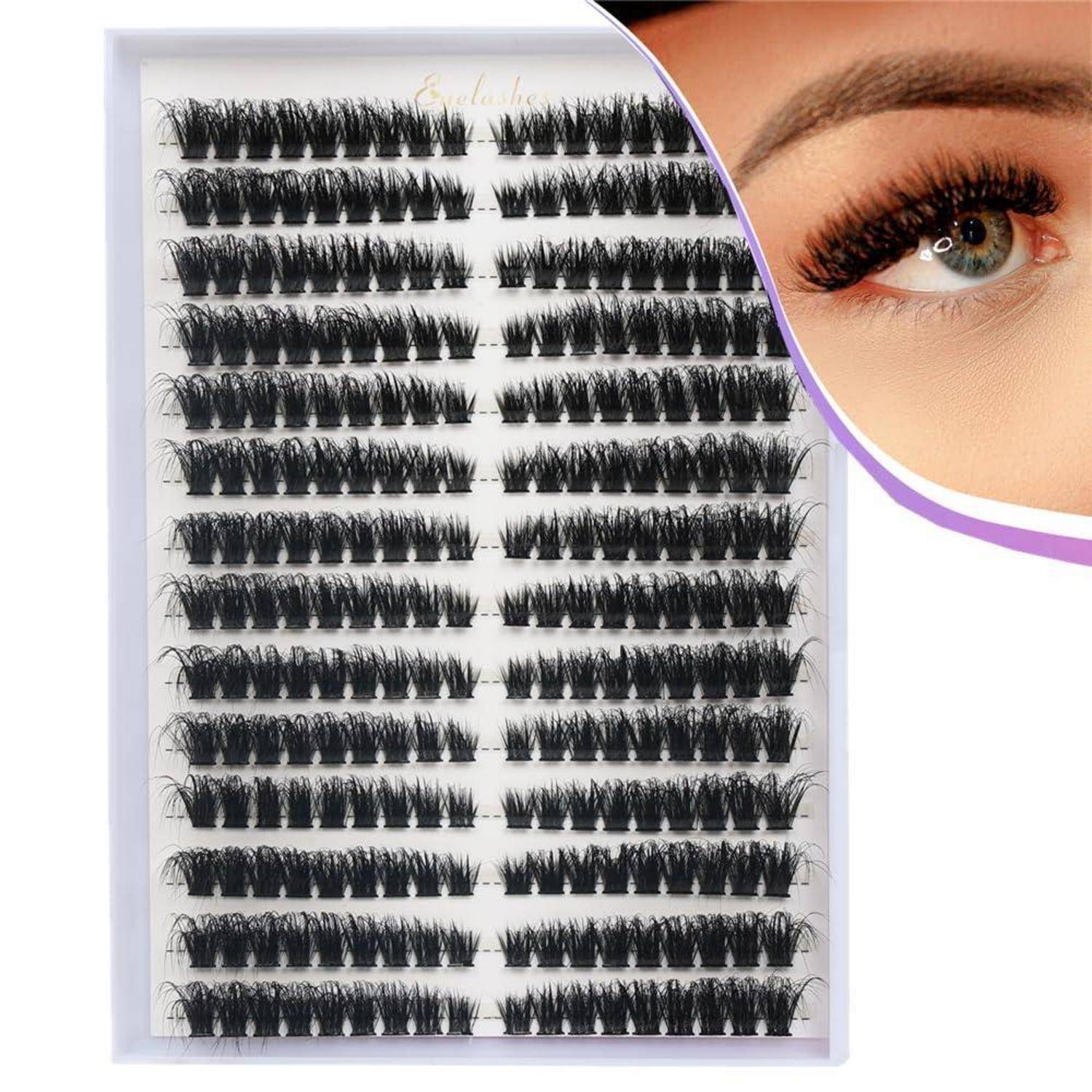 Blatt mit Wimpernbüscheln in mehreren Reihen, mit einer Nahaufnahme im Inset, die die Wimpern auf einem Auge zeigt.