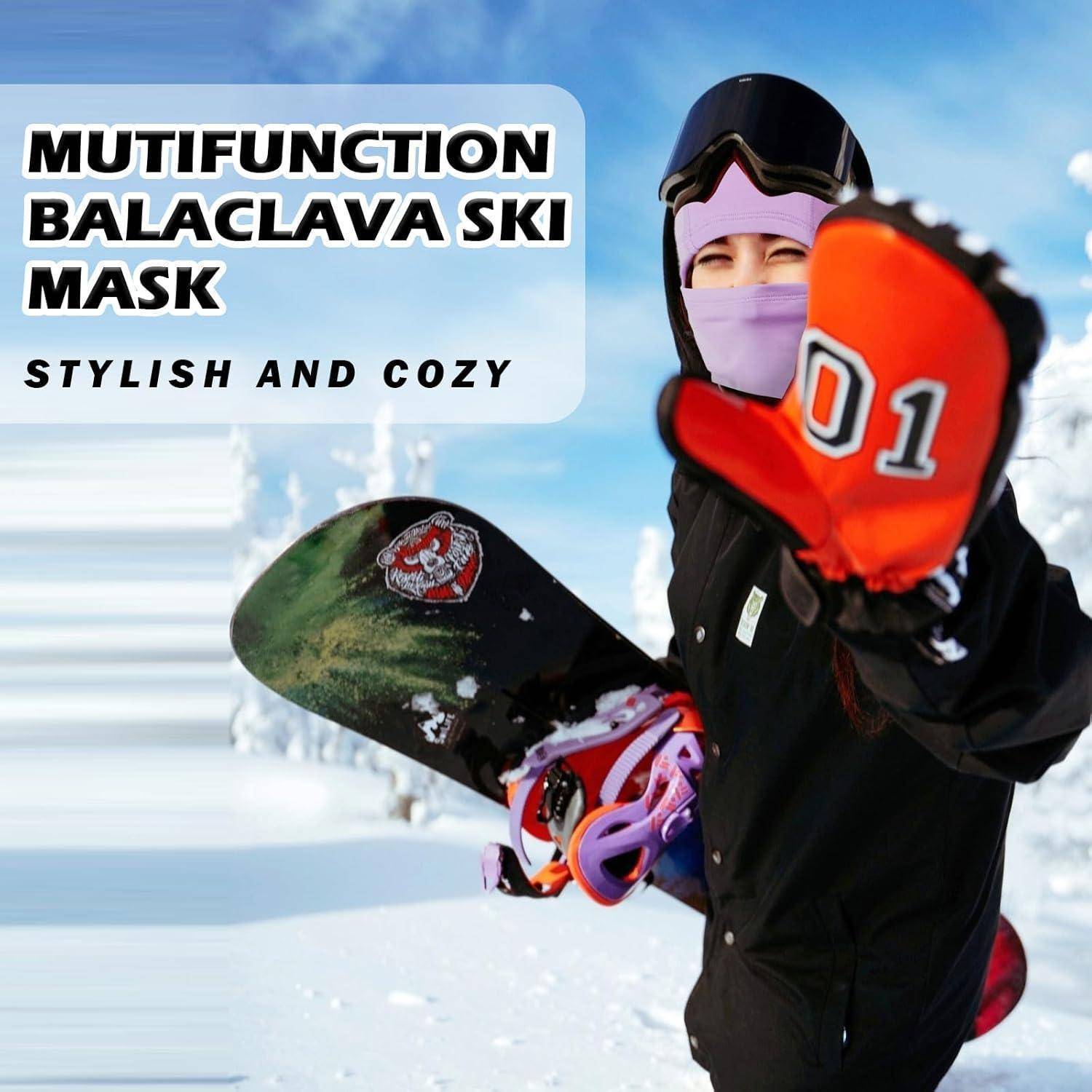 Person in schwarzer Skiausrüstung mit violetter Sturmhaube und orangenen Fäustlingen hält ein Snowboard; der Text liest sich wie folgt: "MULTIFUNKTIONALE STURMHAUBE SKI-MASKE"" und ""STILVOLL UND GEMÜTLICH"".