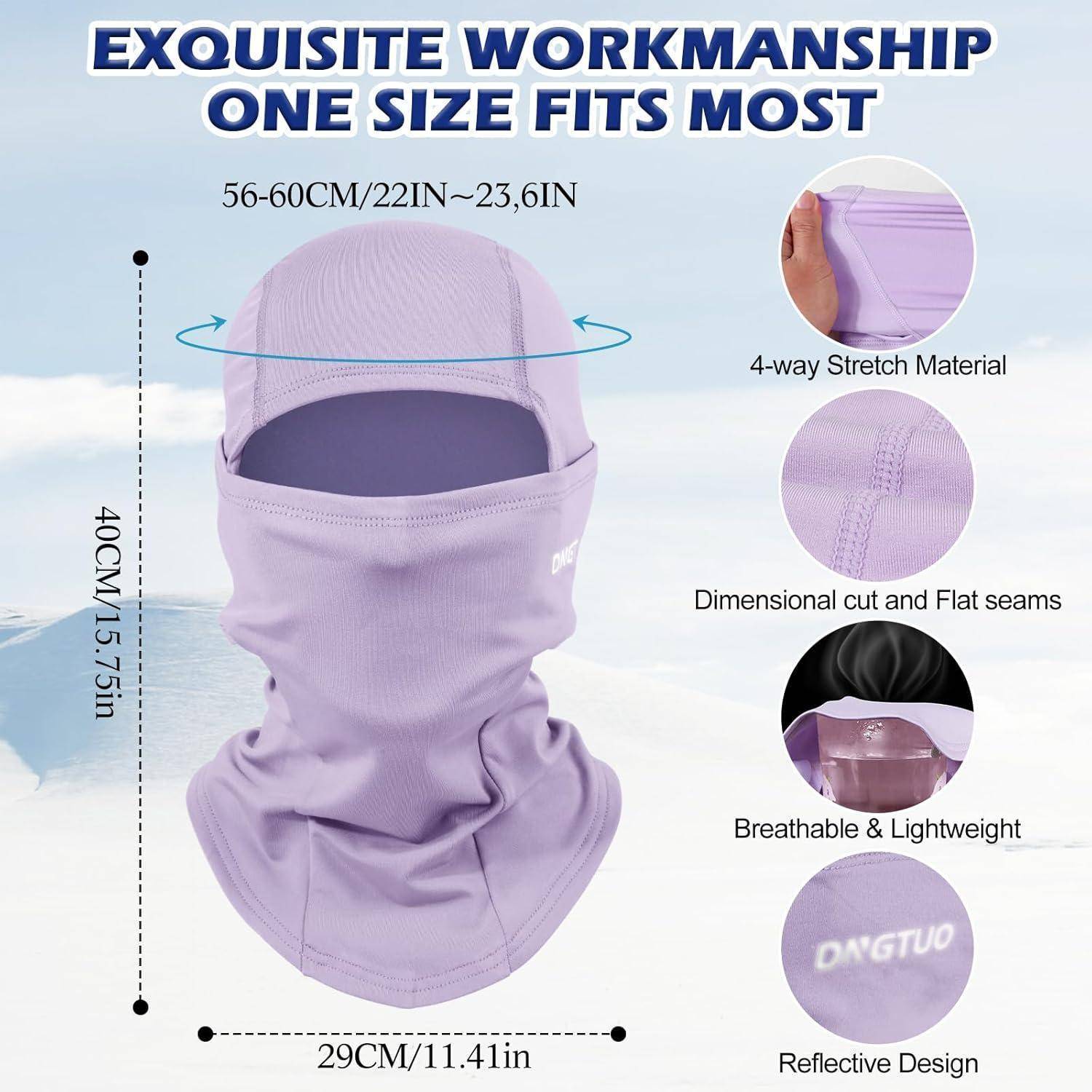 Produktbild einer lavendelfarbenen Gesichtsschutz-Sonnenhaube für den gesamten Kopf, Größe für die meisten Kopfgrößen 56-60 cm, mit 4-Wege-Stretch, atmungsaktivem leichtem Stoff, reflektierendem Logo und Abmessungen 40 cm Höhe und 29 cm Breite.