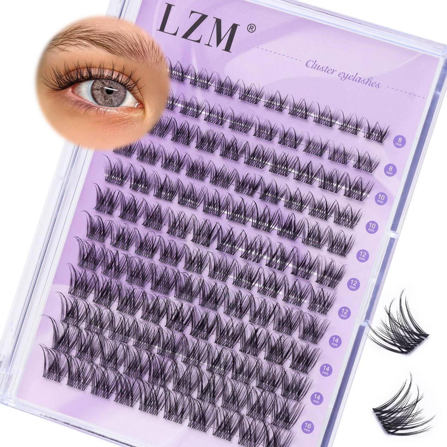 Paket mit LZM-Cluster-Wimpernverlängerungen mit Beispielaugenfoto und mehreren Reihen von Kunstwimpern in unterschiedlichen Längen.