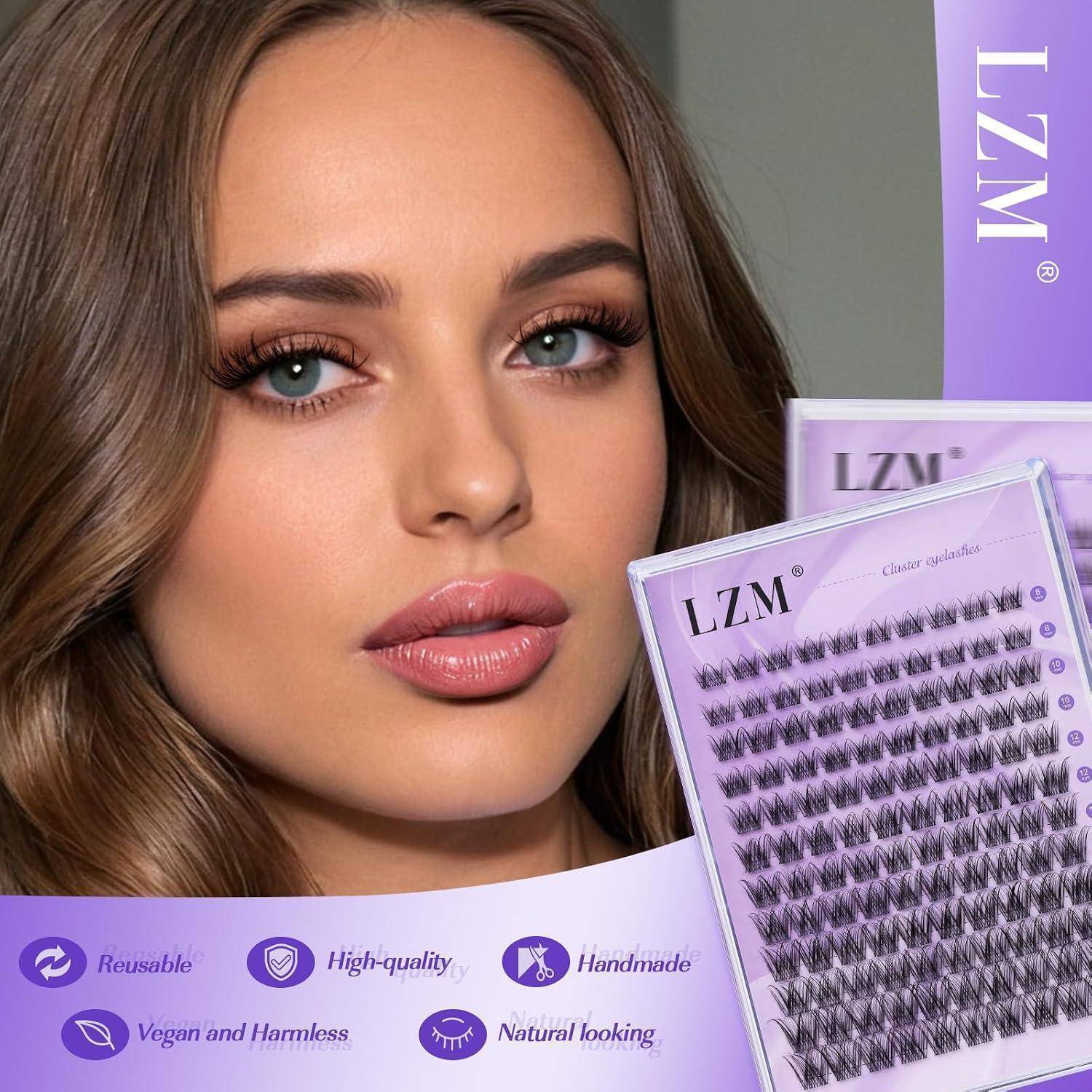 Werbebild einer Frau mit künstlichen Wimpern und LZM-Wimpernverpackung, das wiederverwendbare, hochwertige, handgefertigte, vegane und natürlich aussehende Wimpern hervorhebt.