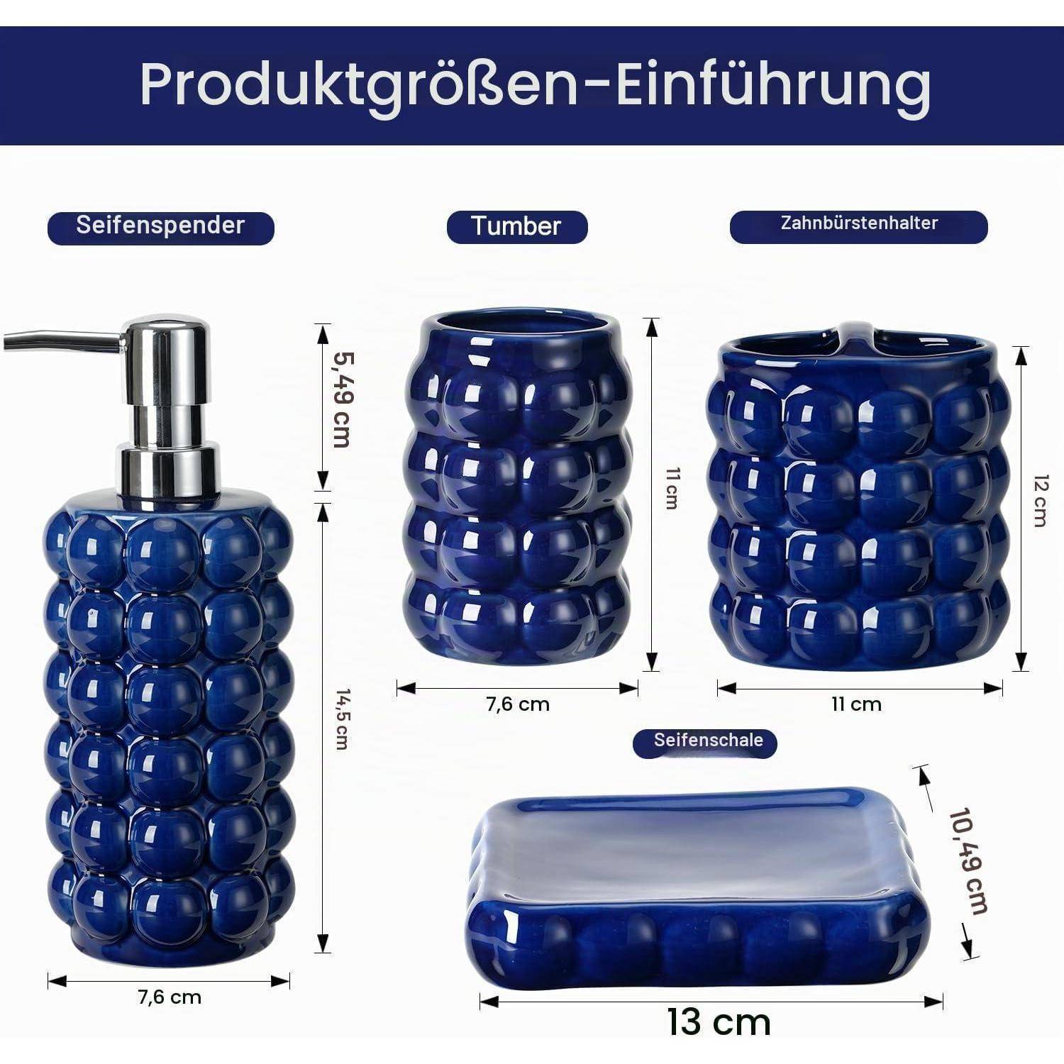 Produktgrößenleitfaden zum Abstimmen des blauen Badezimmerset-Seifenspenders, Zahnputzbecher, Zahnbürstenhalters und Seifenschale mit den abgebildeten Abmessungen in Zentimetern.