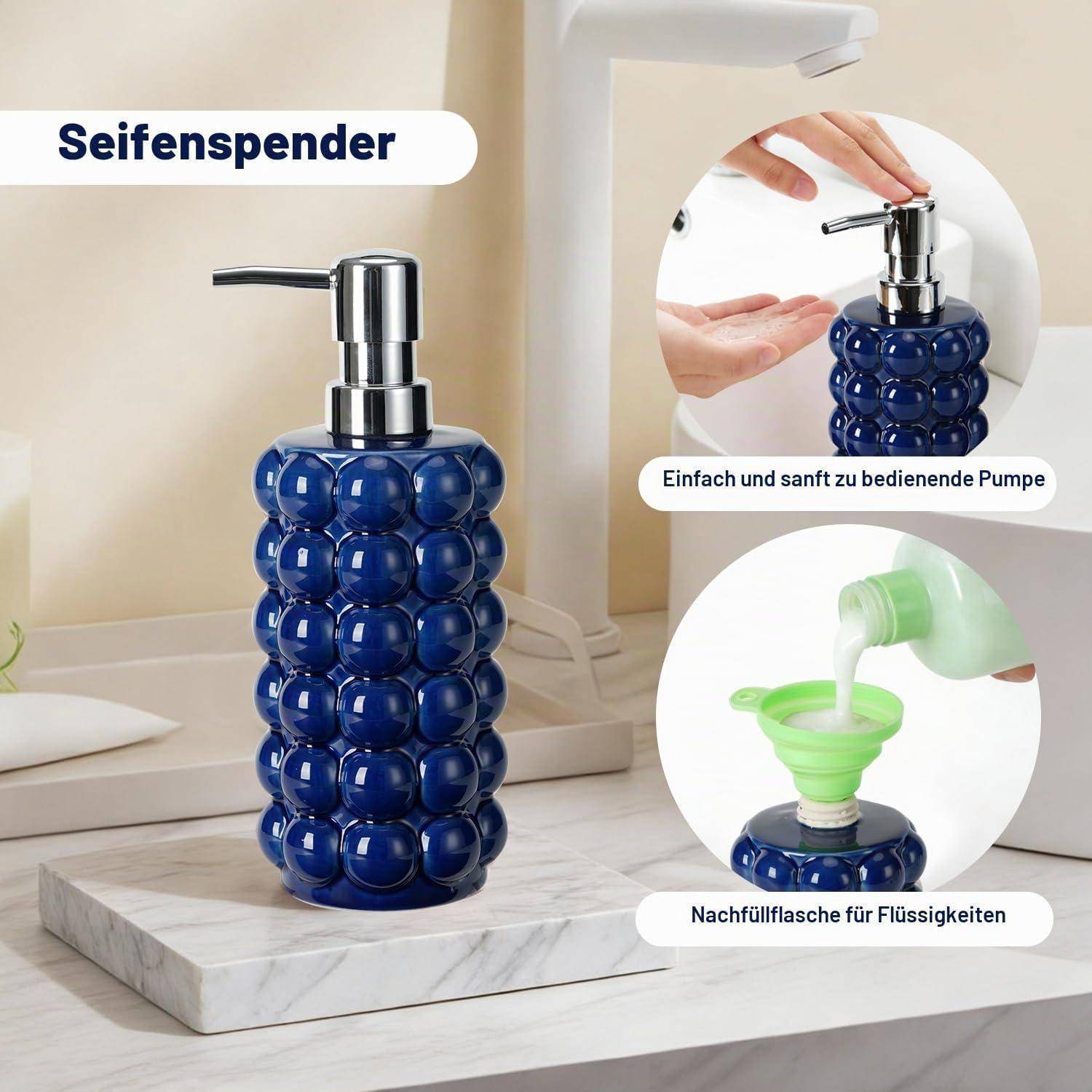 Blauer Seifenspender mit Pumpe auf der Badezimmerablage, plus Detailansichten, die die benutzerfreundliche Pumpe und die Nachfüllflasche für Flüssigkeiten zeigen.