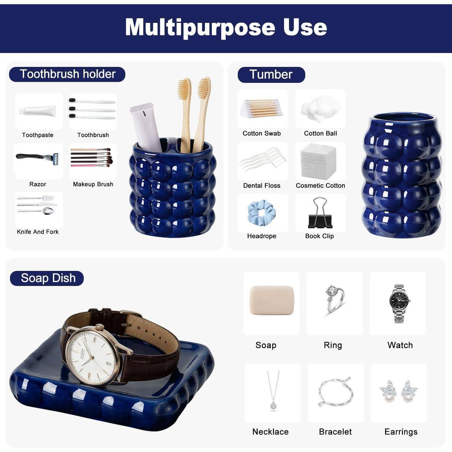 Multifunktionaler blauer Keramikbehälter, der als Zahnburstenbehälter, Trinkbecher und Seifenschale verwendet wird, mit Beispielartikeln wie Toilettenartikeln, Zahnseide, Schmuck und einer Uhr.