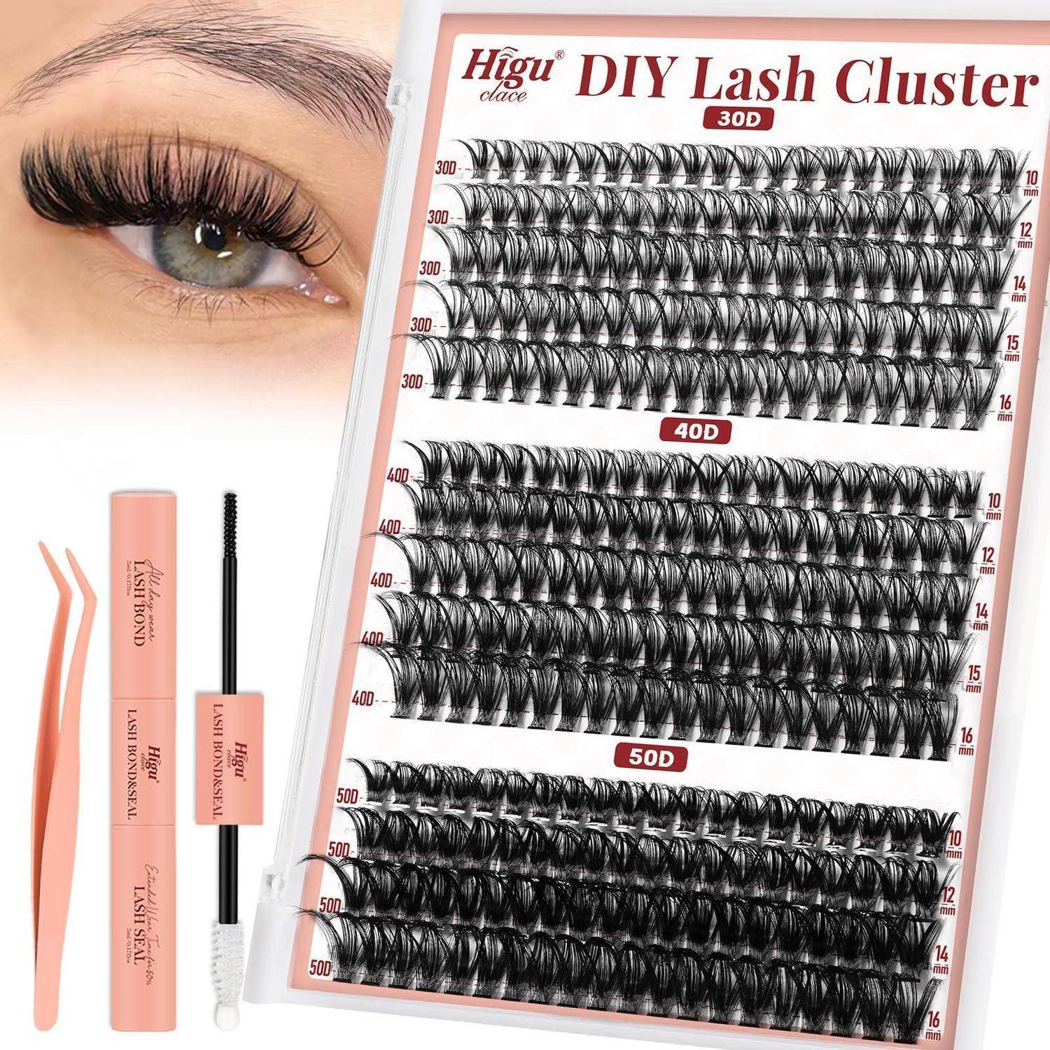 DIY-Lash-Cluster-Set mit falschen Wimpern, Applikator-Pinzetten und mascaraähnlichen Werkzeugen, mit Produktkarte mit Bezeichnungen 30D, 40D und 50D Wimpernbüschel.