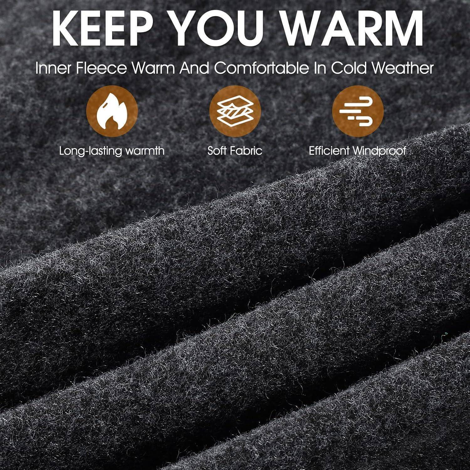 Schwarzer Fleecestoff in Nahaufnahme mit Text „KEEP YOU WARM" und Symbolen, die lang anhaltende Wärme, weiches Gewebe und winddichte Schutzfunktion hervorheben.