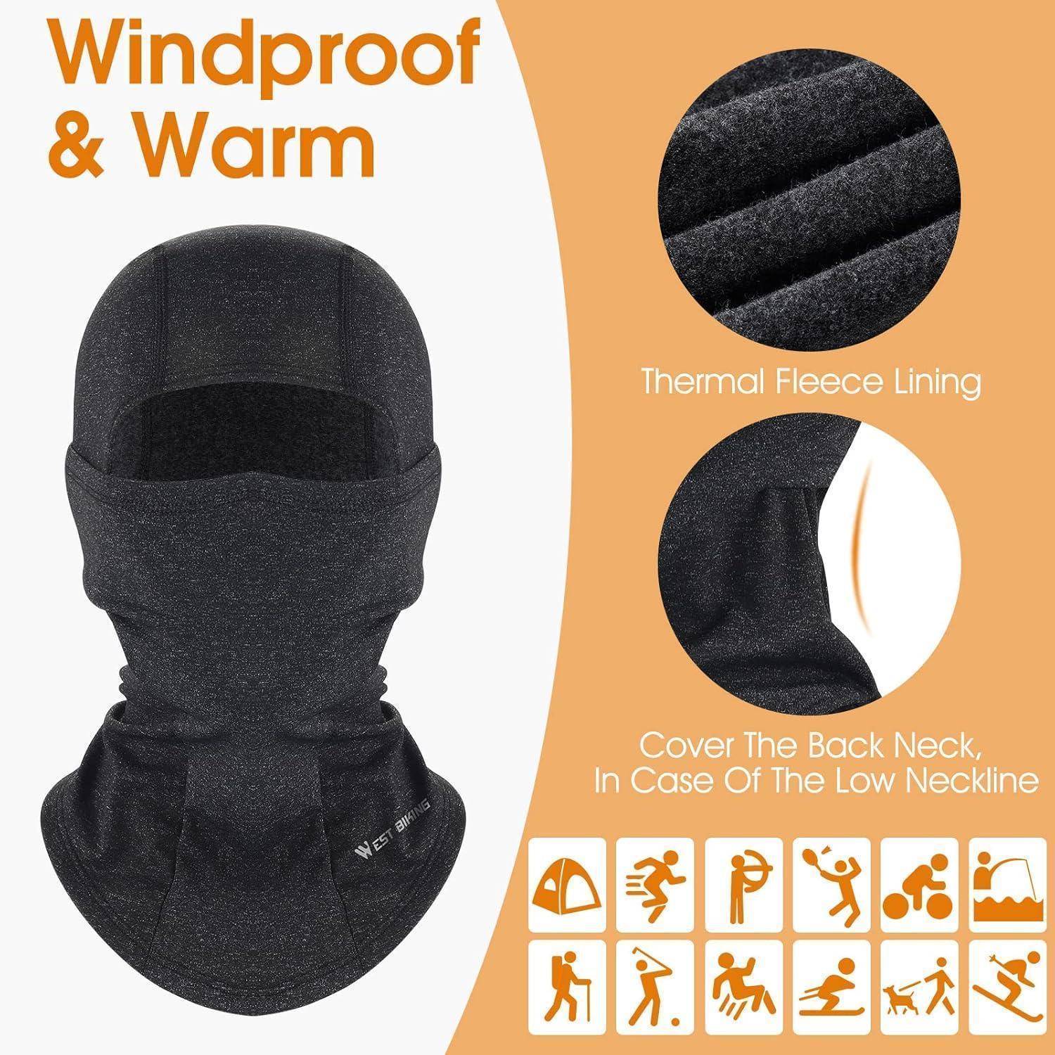 Schwarze winddichte Fleece-Sturmhaube mit Thermofutter, gezeigt mit Nahaufnahmen, die die Nackenabdeckung und die Schutzmerkmale für den Halsbereich hervorheben.