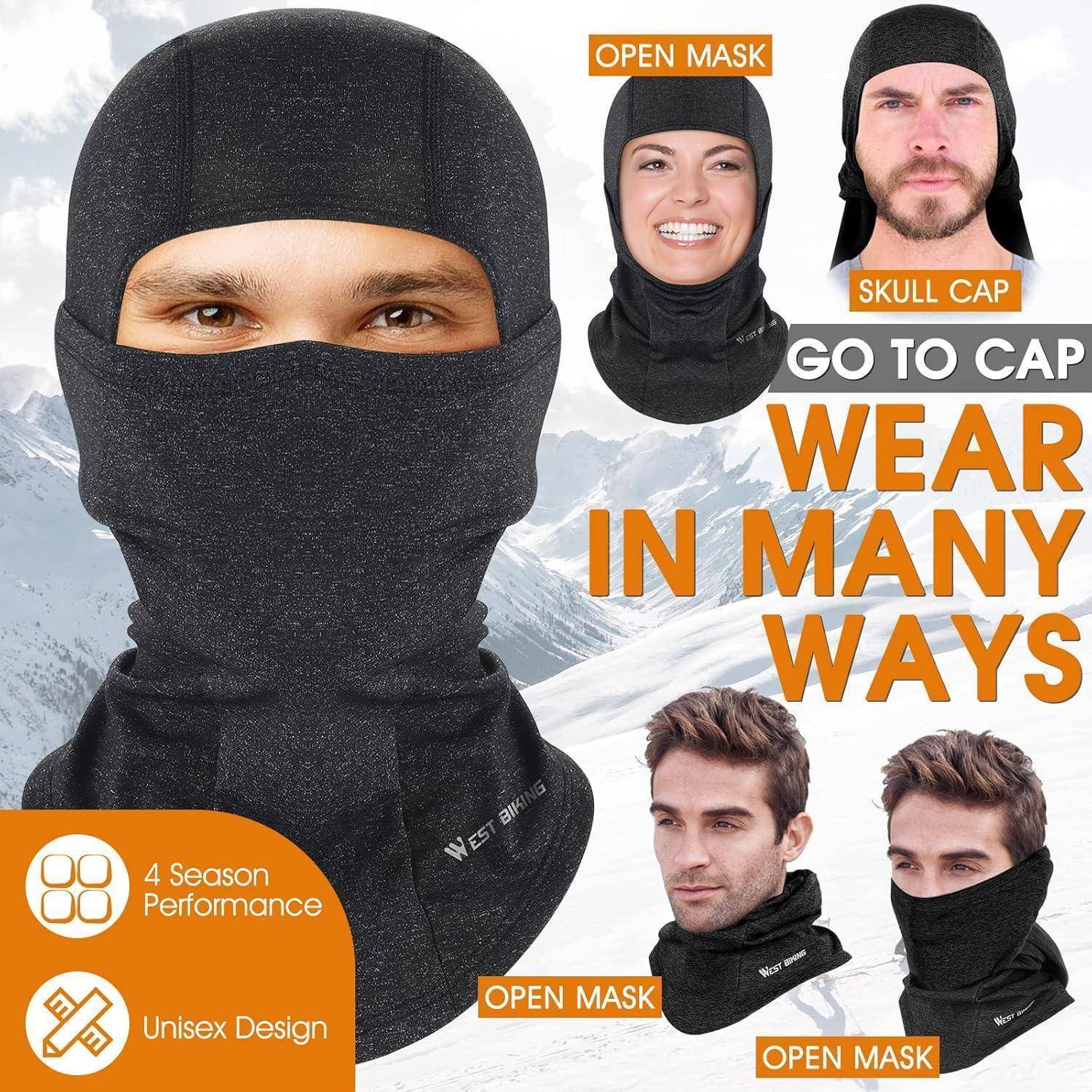 Werbegrafik zeigt eine schwarze Sturmhaube, die als offene Maske, Schädelmütze, Halsgaiter und Gesichtsschutz getragen wird, mit Text "GO TO CAP IN VIELEN VARIANTEN TRAGBAR"" und ""4-Jahreszeiten-Leistung"" und ""Unisex-Design"".