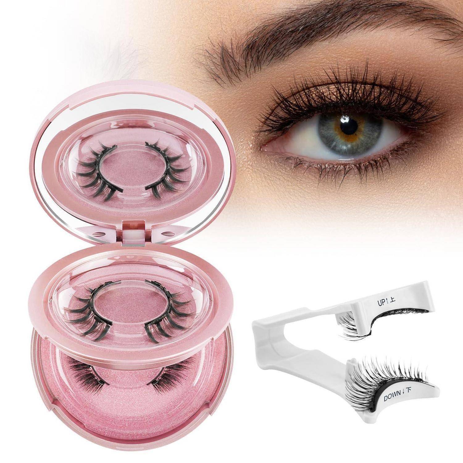 Produktbild von künstlichen Wimpern in einem rosa runden Behälter, mit einer Nahaufnahme eines Auges, das die Wimpern trägt, und einem weißen Applikator-Werkzeug zum Anbringen dieser.