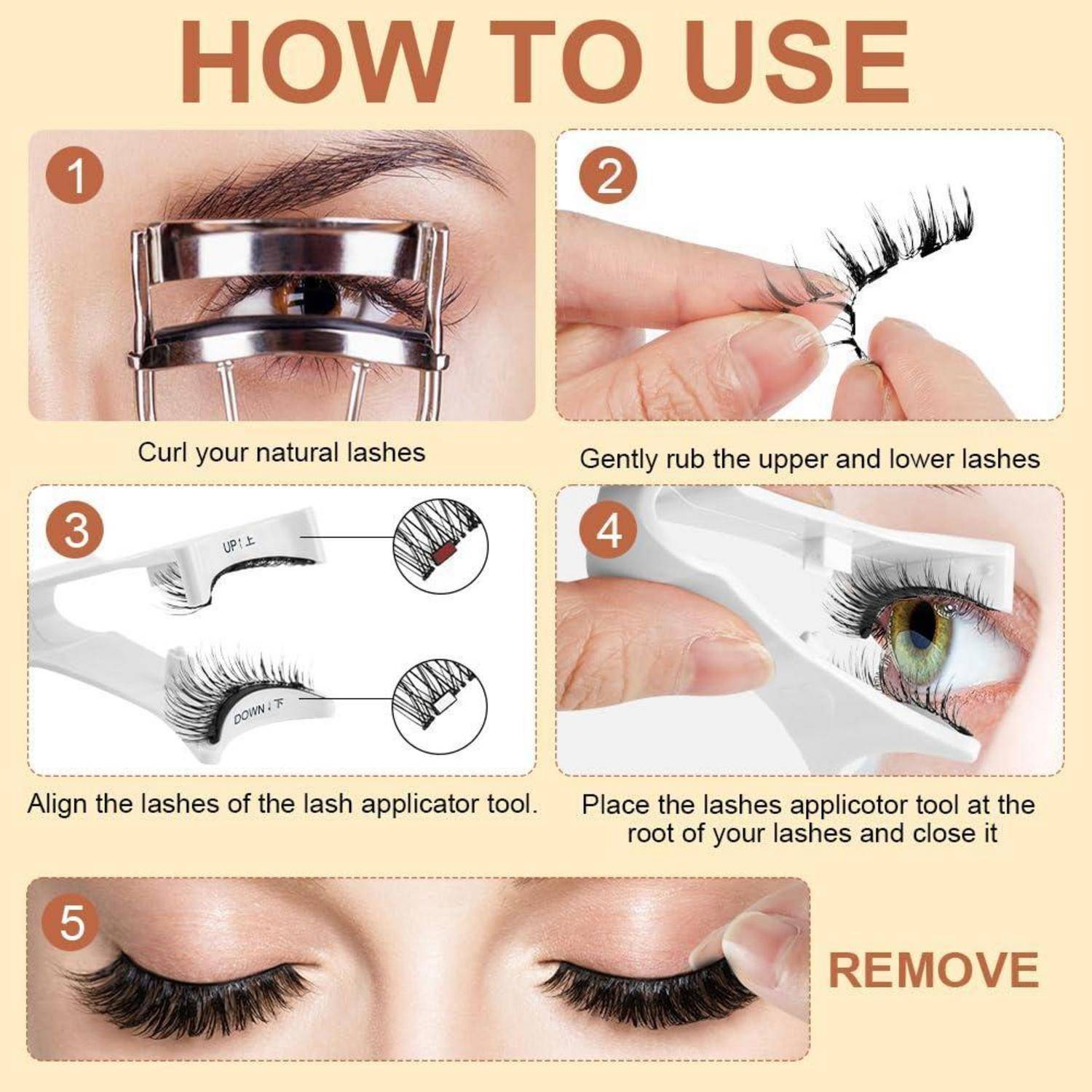 Illustrierte 5-Schritt-Anleitung zur Verwendung eines Wimpernapplikators: Wimpern kräuseln, künstliche Wimpern reiben, sie im Werkzeug ausrichten, an den Wimpernwurzeln anbringen und dann entfernen.