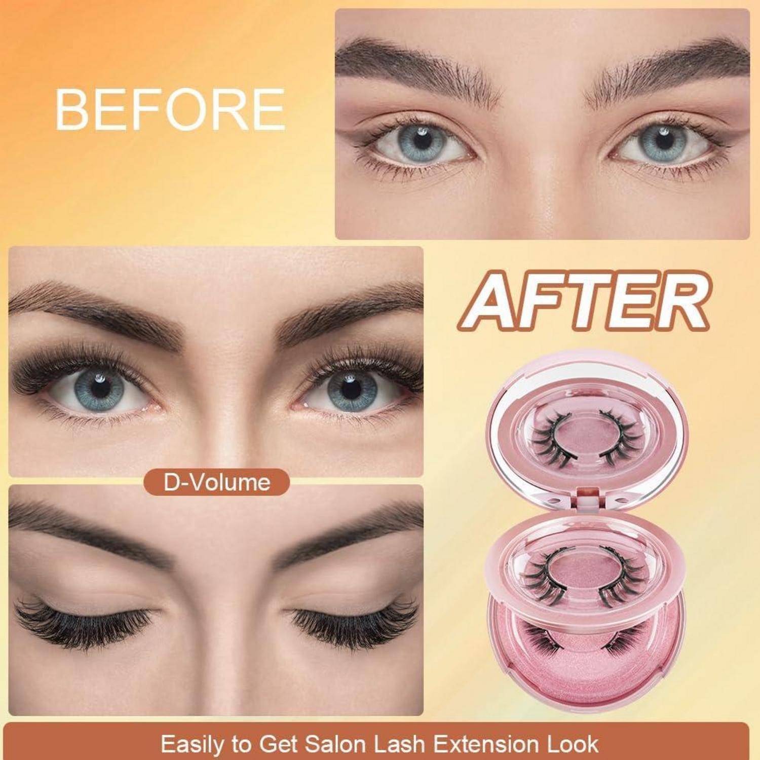 Vorher-Nachher-Wimpernverlängerungsanzeige, die natürliche Augen versus vollere Wimpern in einem rosa Wimperncase zeigt, mit dem Text „Ganz einfach den Look von professionellen Wimpernverlängerungen bekommen