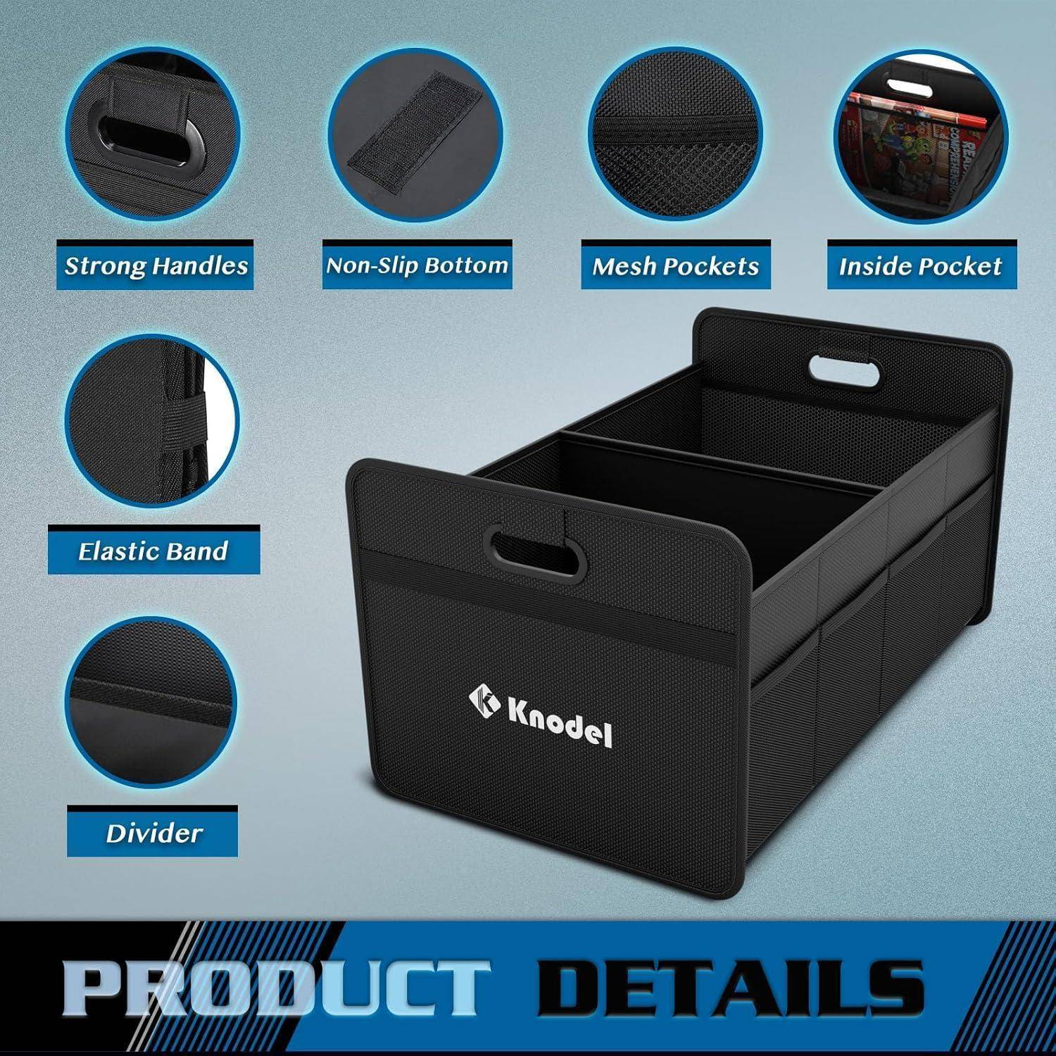 Illustration eines schwarzen Koodel-Lagerkorganizers mit Griffen, rutschfestem Boden, Netztaschen, innerer Tasche, Gummiband und Teiler, gekennzeichnet als „Produktdetails