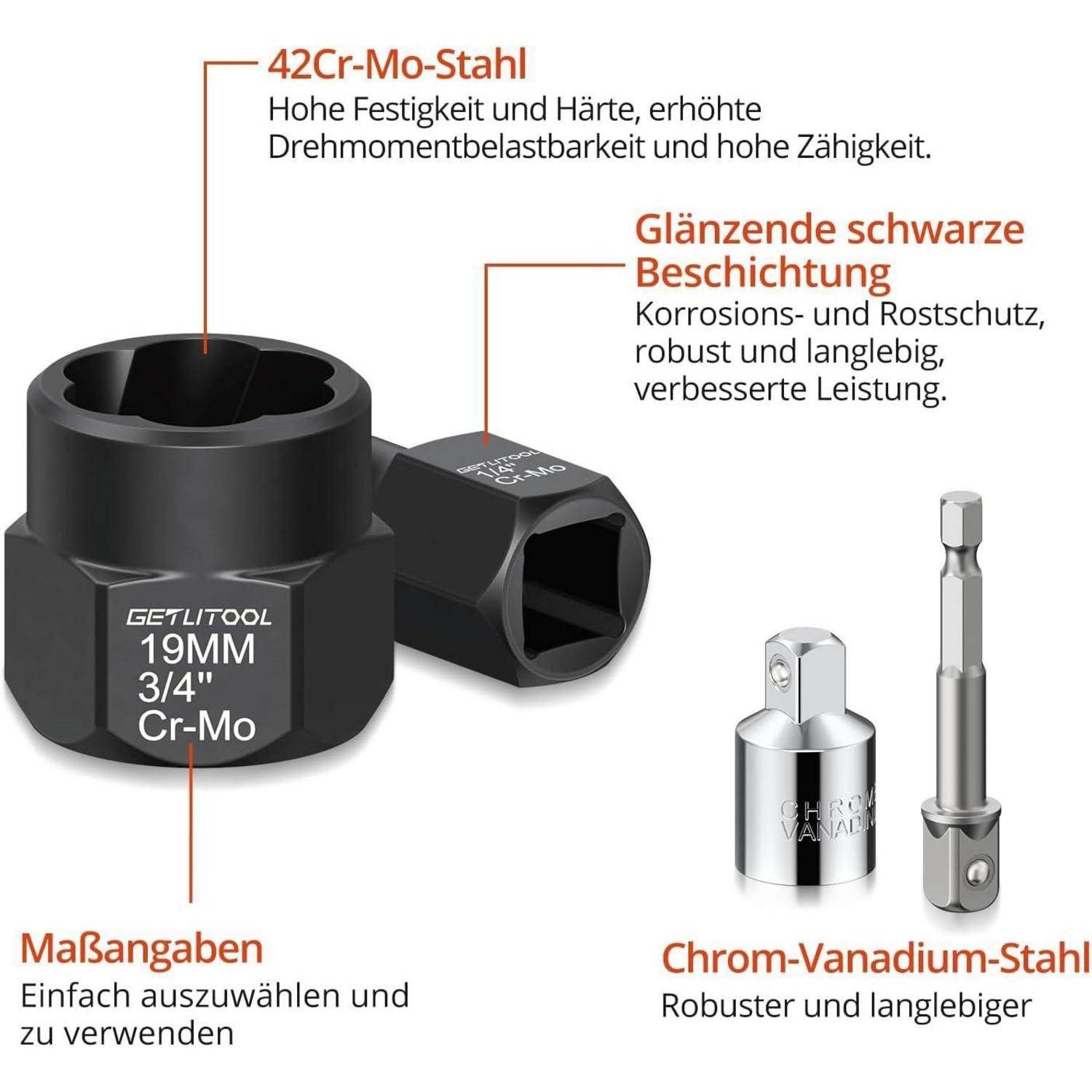 Infografik von Steckdosenadaptern und Verlängerungen mit Material- und Oberflächenvorteilen: 42Cr-Mo-Stahl, glänzende schwarze Beschichtung, Chrom-Vanadium-Stahl und Größenmarkierungen zur einfachen Auswahl.