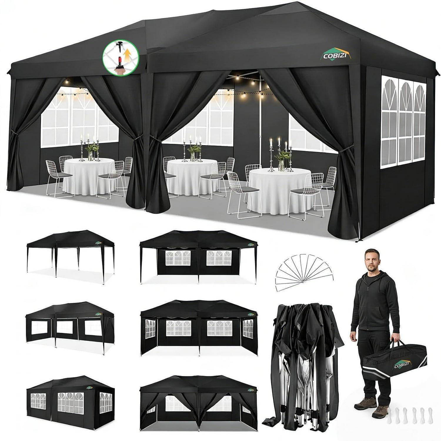 Schwarzes Pop-up Pavillon-Zelt mit Seitenwänden, gezeigt in montiertem und zusammengeklaptem Zustand, mit einem Mann, der die Aufbewahrungstasche und die mitgelieferten Heringe trägt, für Veranstaltungen im Freien.