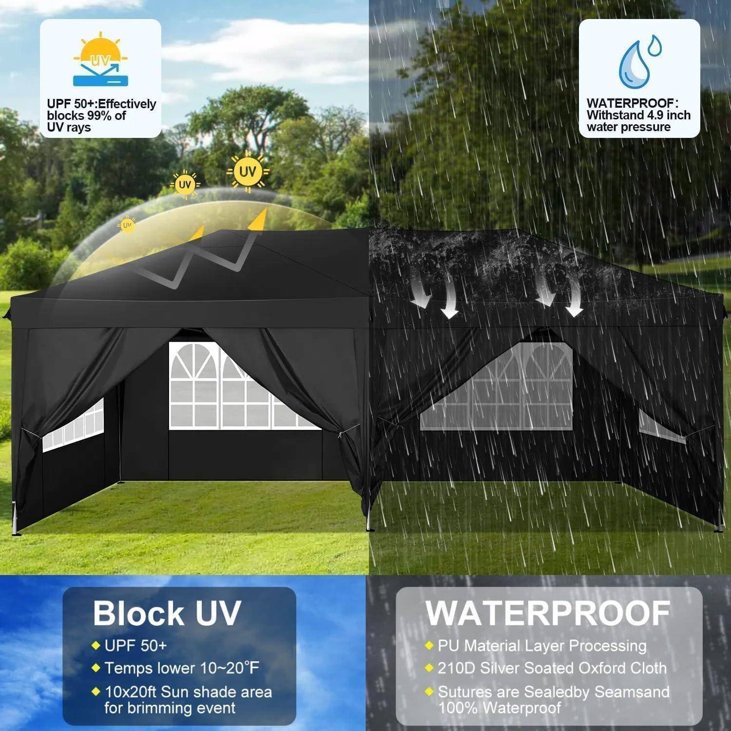 Schwarzes 10x20 ft Pop-up-Canopy-Zelt, das UV-Strahlen und starken Regen abhält, mit UPF 50+-Sonnenschutz und wasserdicht bei 4,9 Zoll Wasserdruck.